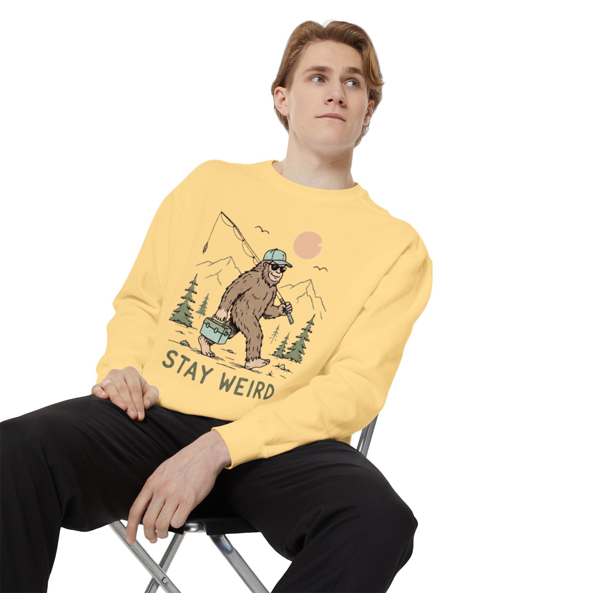 Stay Weird Sweatshirt | Fishing Sasquatch Graphic Crewneck