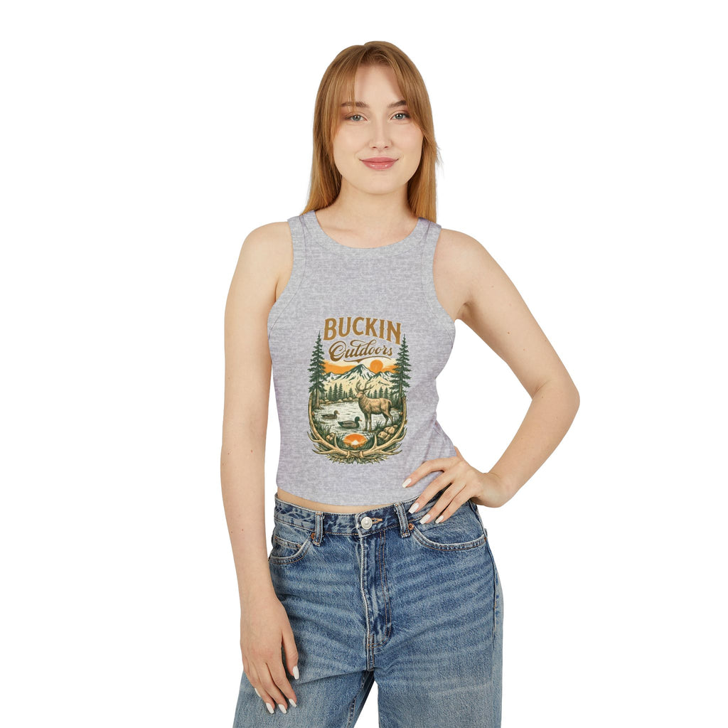 Buckin Outdoors Racer Tank | Womens Crop Tank Top with Vintage Elk Camping Design