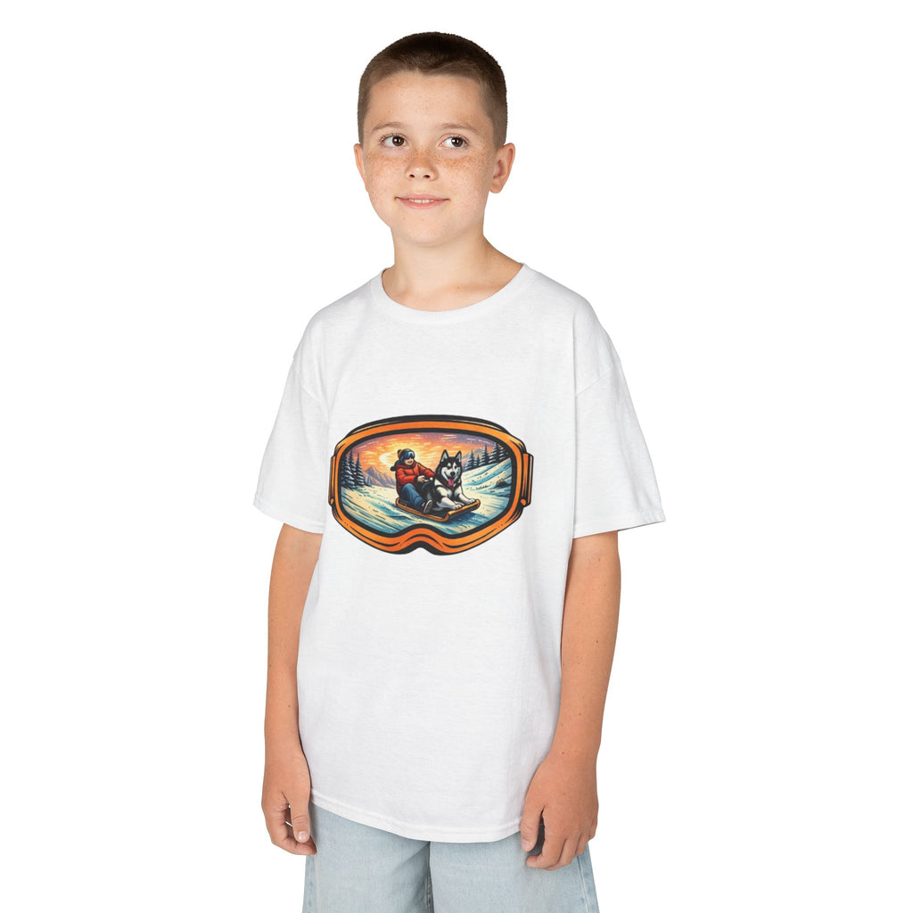 Kids Sledding with Dog Tee | Boys Best Friend Winter Graphic