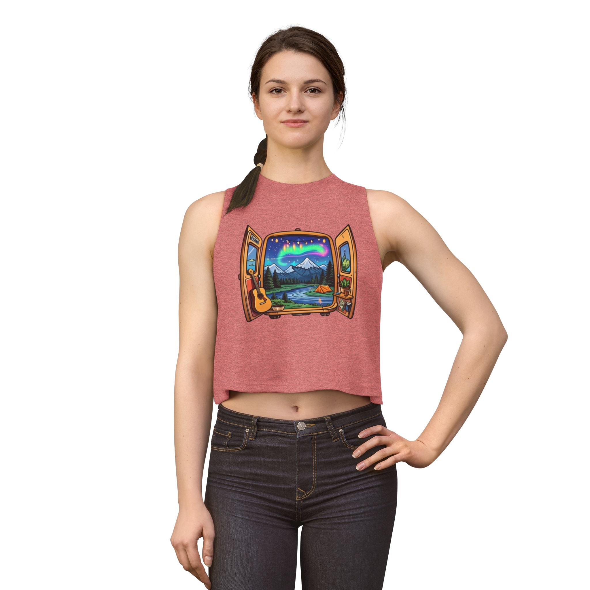 Adventure Window Crop Top | Mountain Camping, Aurora & Guitar Graphic