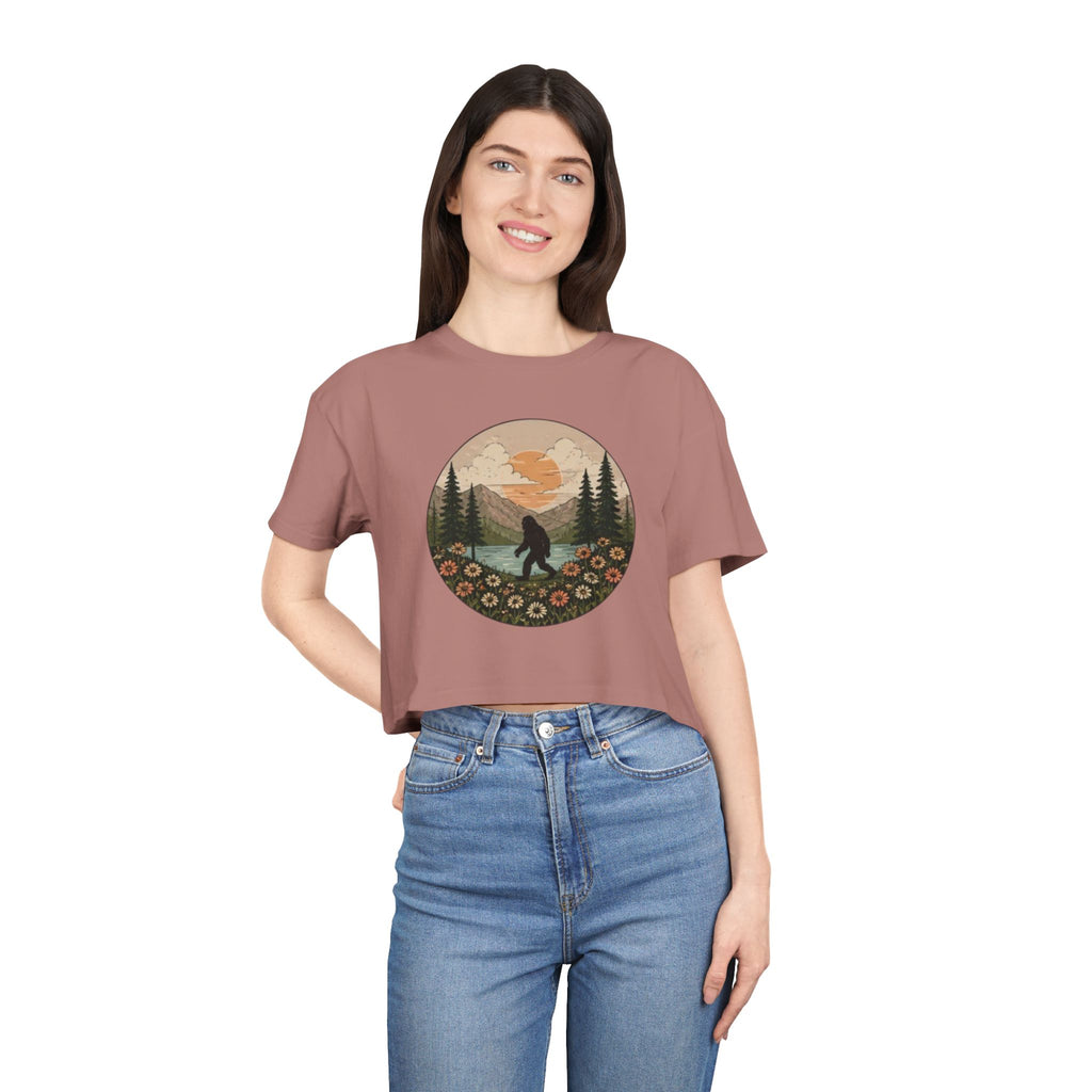 Bigfoot Sunset Crop Tee | Retro Mountain Floral Sasquatch Design