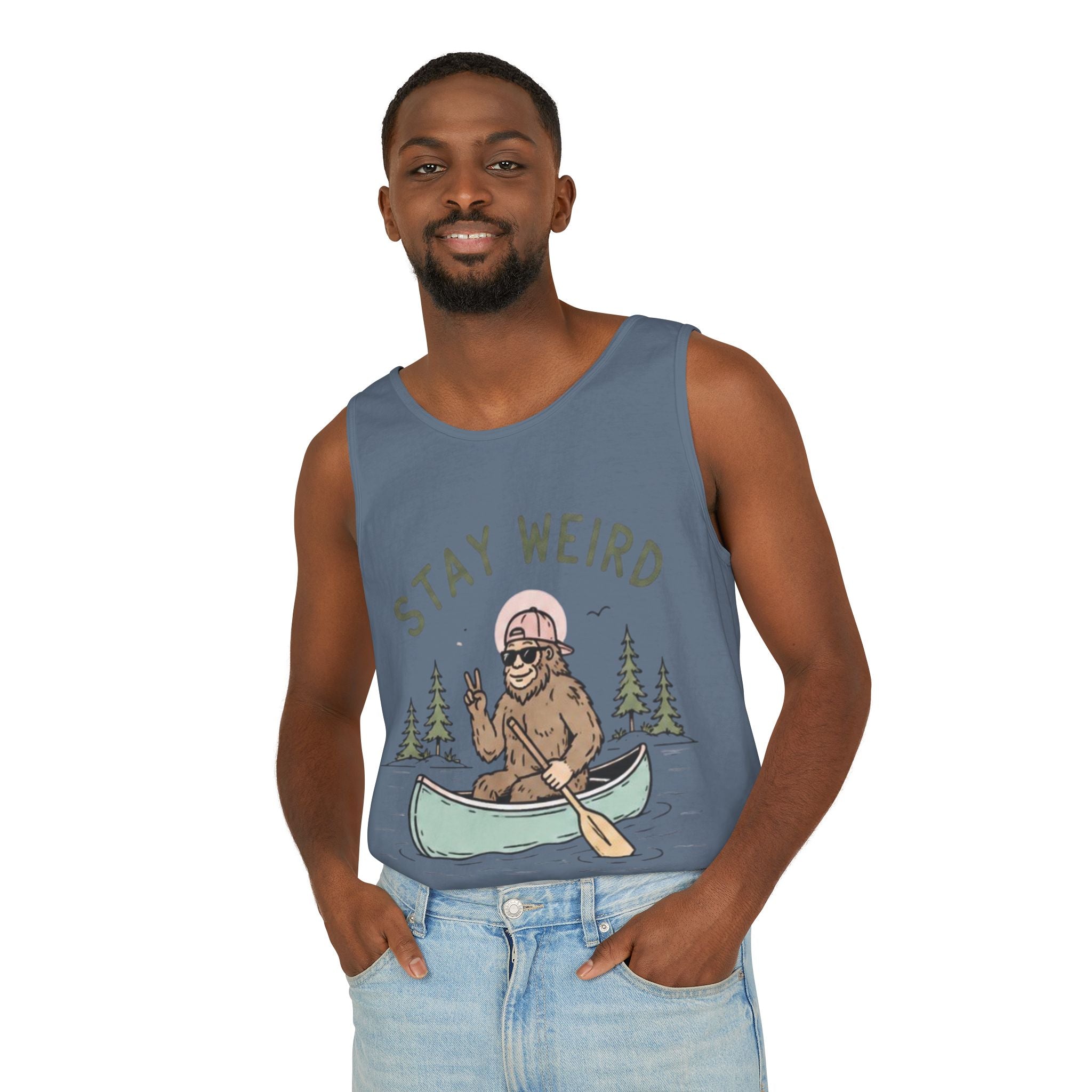 Stay Weird Bigfoot Tank Top | Funny Sasquatch Canoe Graphic Tank