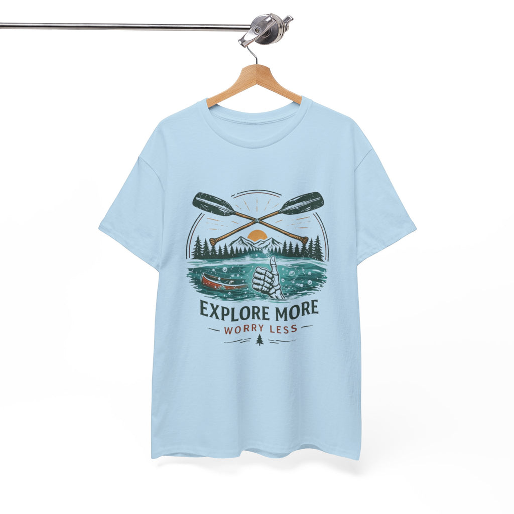 Explore More Worry Less T-Shirt | Outdoor Camping Canoe Graphic Skeleton Tee