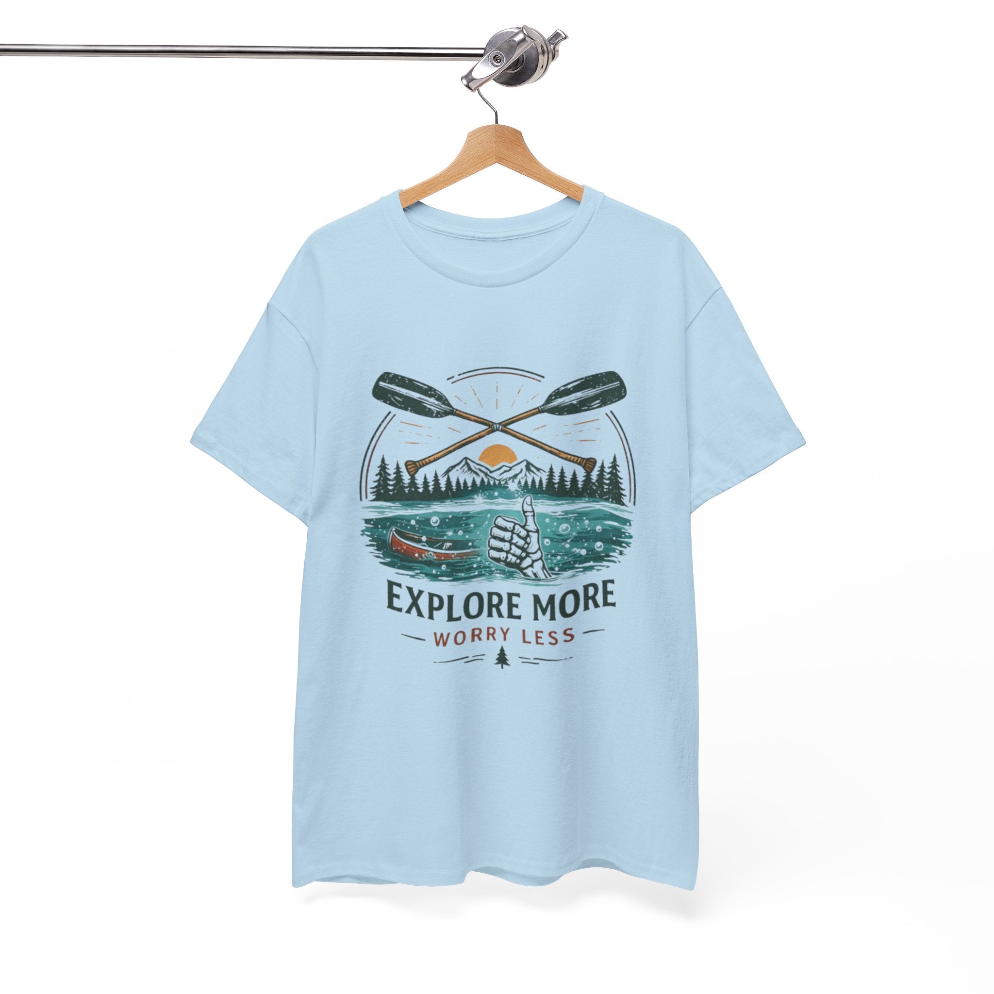 Explore More Worry Less T-Shirt | Outdoor Camping Canoe Graphic Skeleton Tee