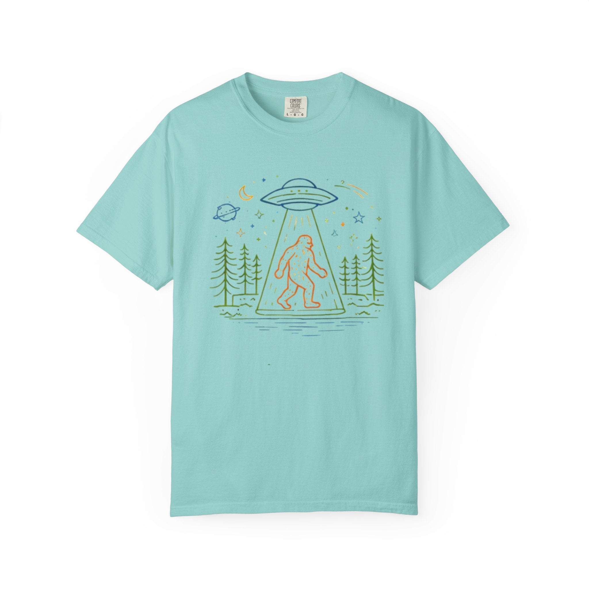 Bigfoot UFO Abduction T-Shirt | Retro Line Art Sasquatch Tee