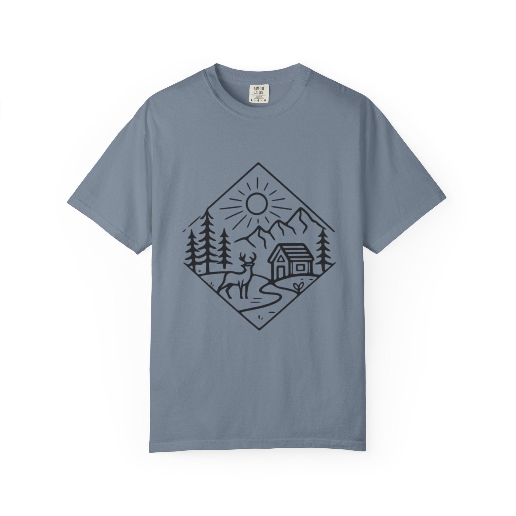Cabin Adventure Graphic T-Shirt | Mountain, Deer & Forest Line Art