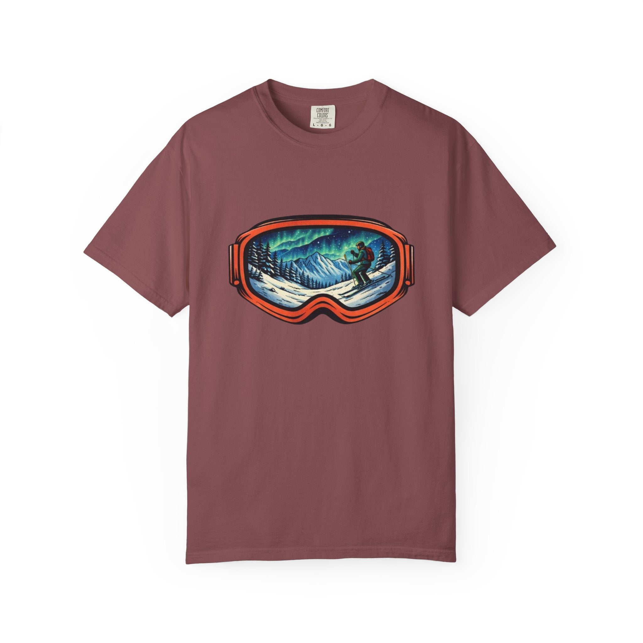Northern Lights Ski Goggles T-Shirt | Aurora Skiing Landscape Design