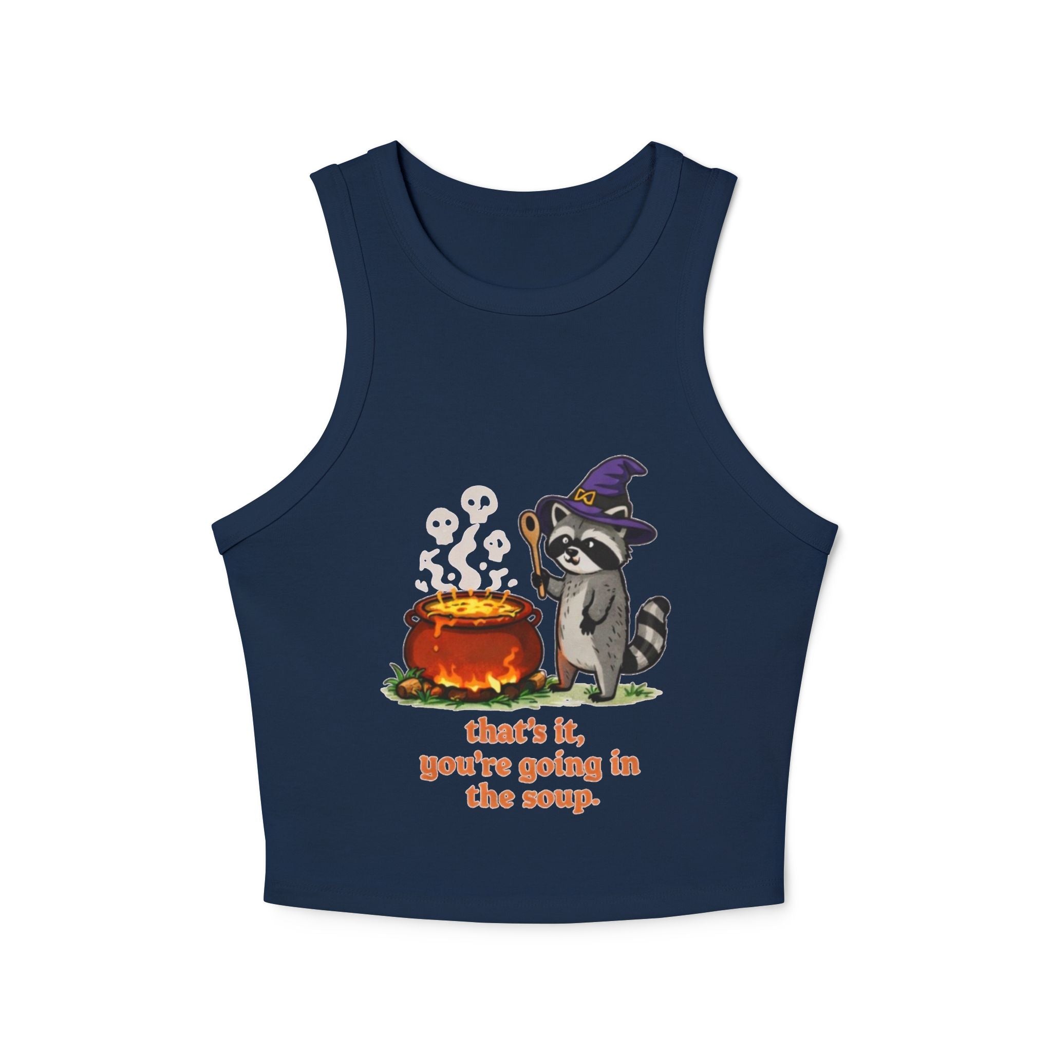 Witchy Raccoon Tank Top | "Thats it, youre going in the soup" Cute Halloween Crop