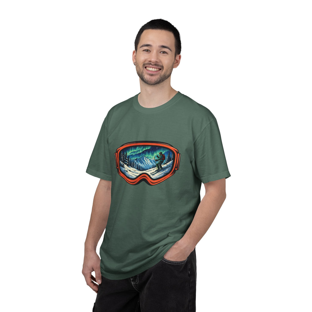 Northern Lights Ski Goggles T-Shirt | Aurora Skiing Landscape Design
