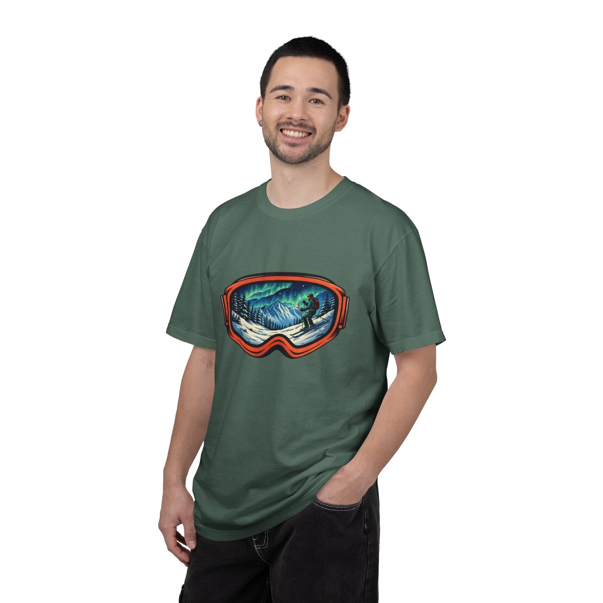 Northern Lights Ski Goggles T-Shirt | Aurora Skiing Landscape Design