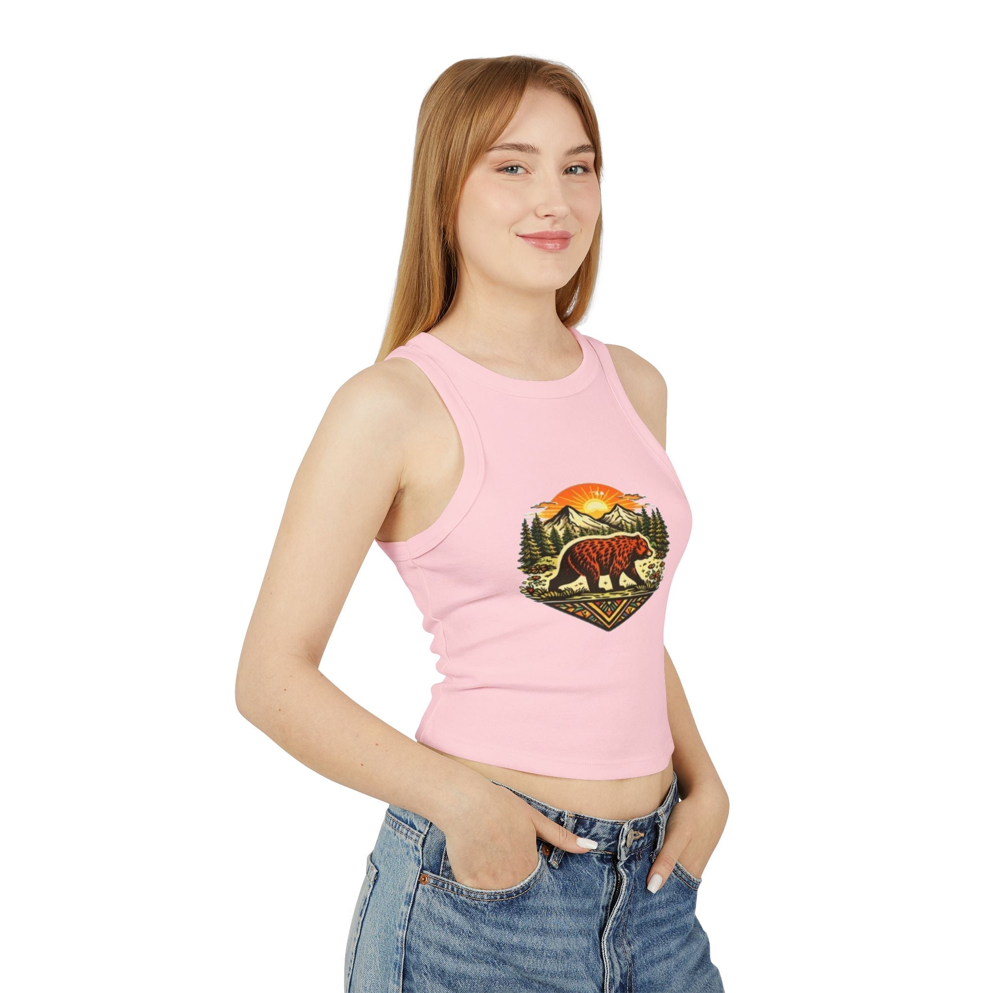 Bear Sunrise Racer Tank Top | Womens Graphic Nature Crop Tank