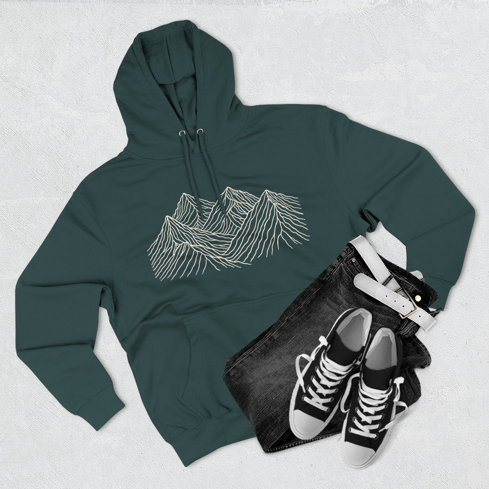 Mountain Linework Fleece Hoodie | Three Panel Mountain Landscape Design