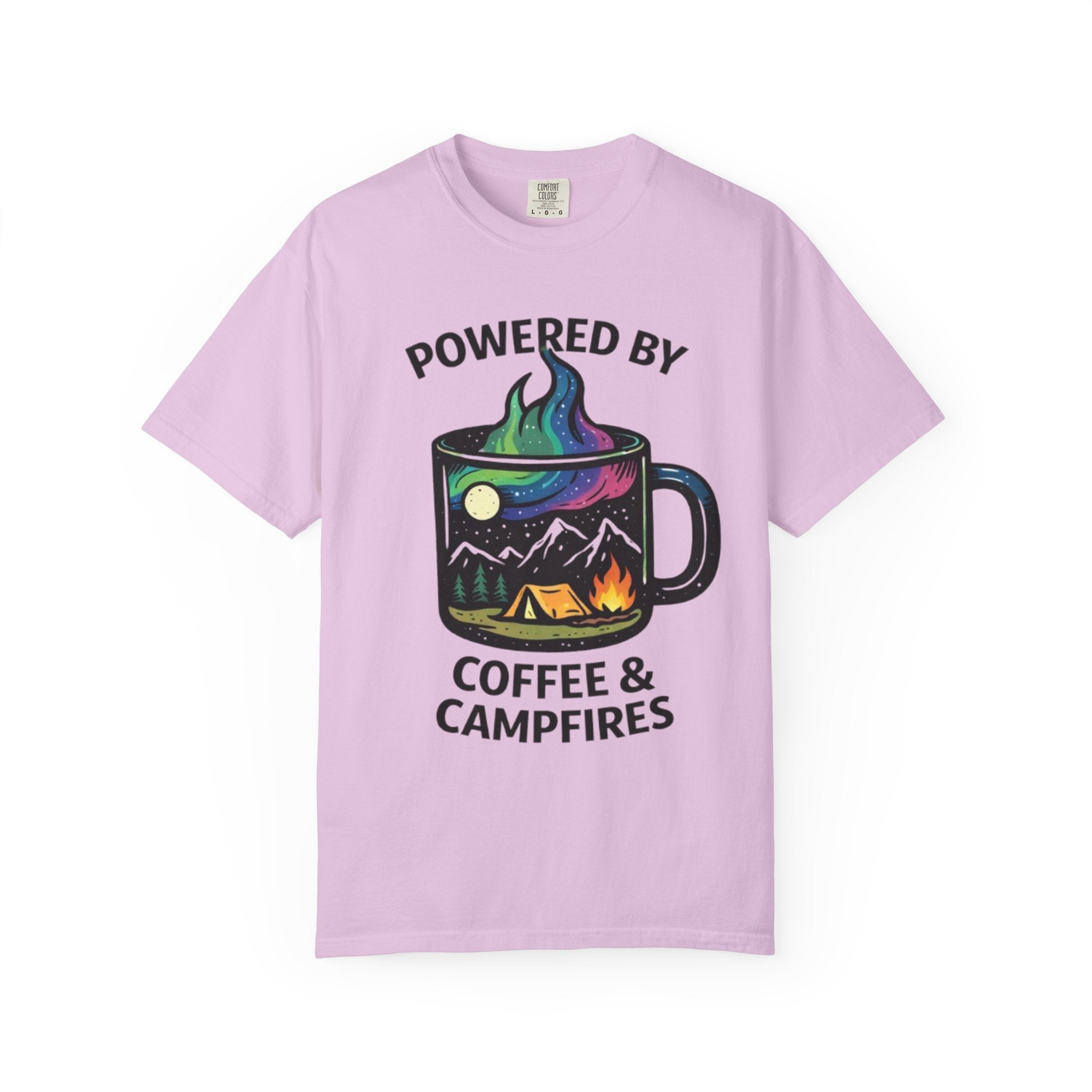Powered by Coffee & Campfires T-shirt | Camping Mug Nature Graphic