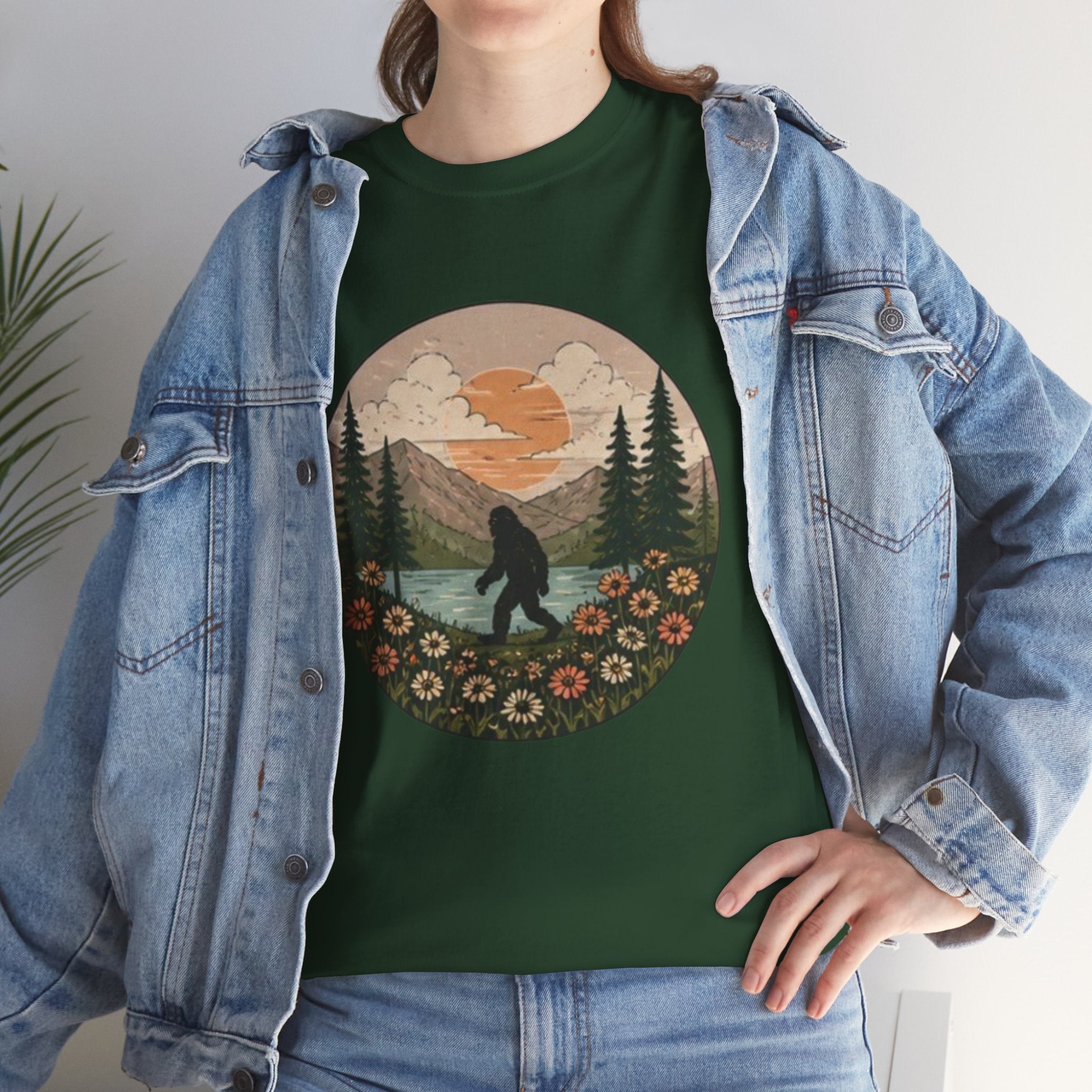 Bigfoot Meadow Retro Tee | Vintage Sasquatch with Flowers