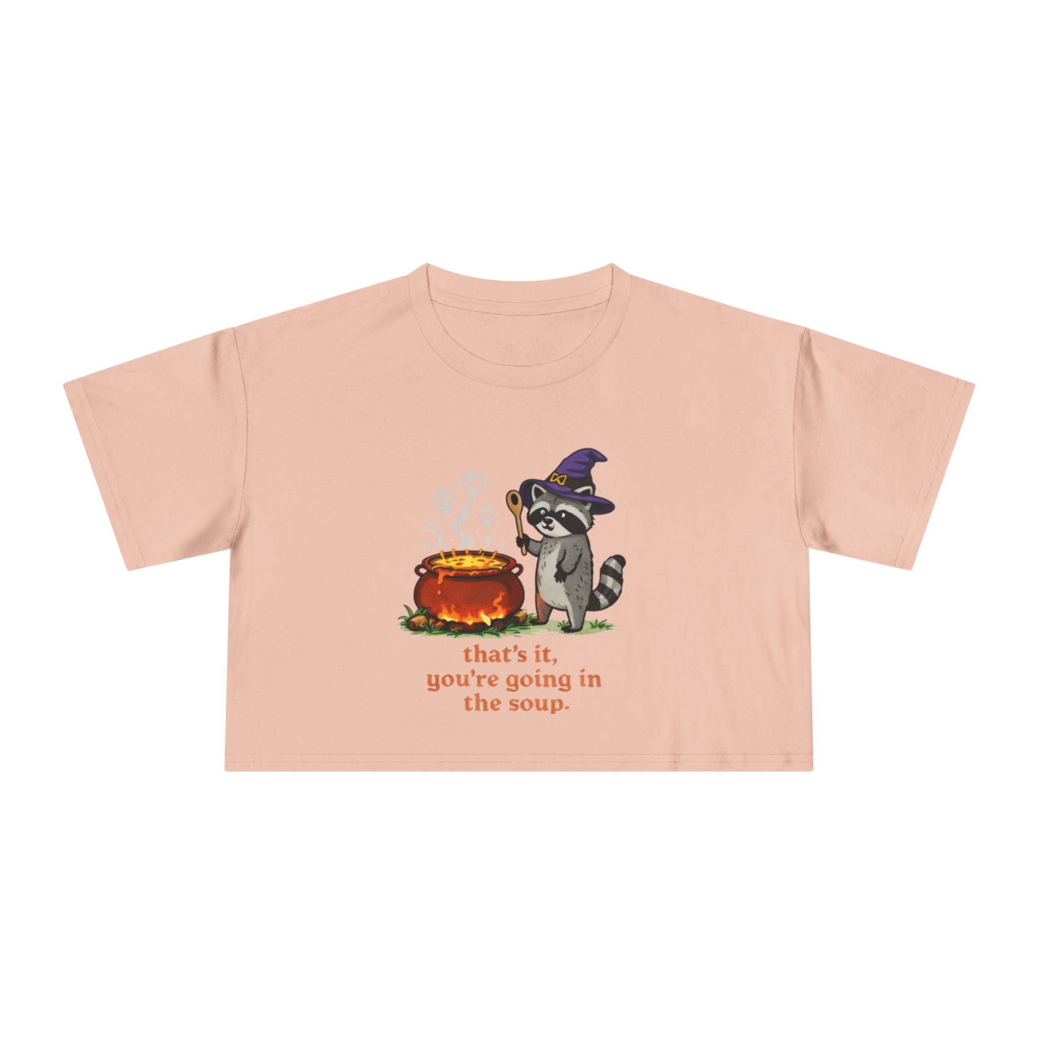 Witch Raccoon Crop Tee | "thats it youre going in the soup" Halloween Graphic Top