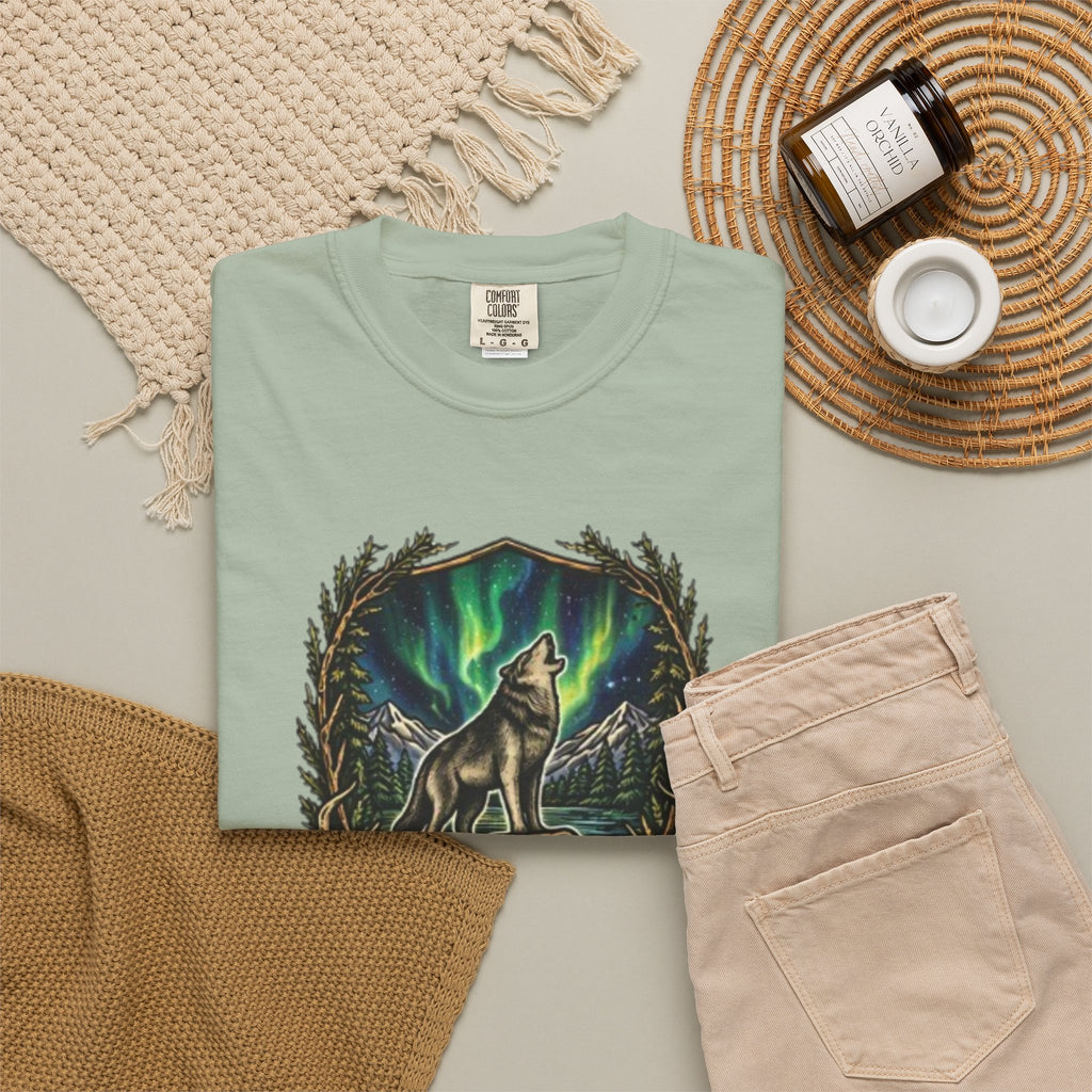 Deer Skull and Wolf Howling T-Shirt | Northern Lights Nature Graphic Tee