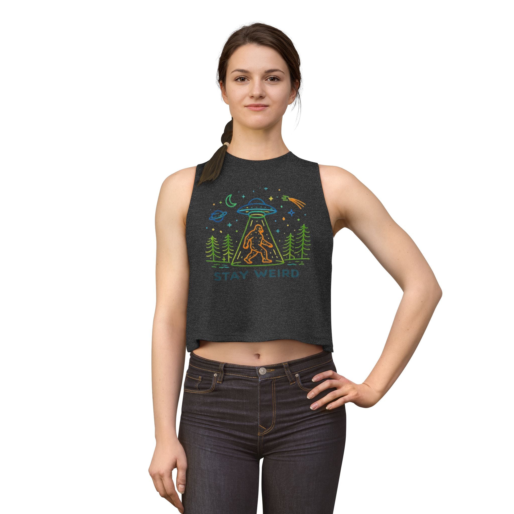 Stay Weird Alien Crop Top | Women's UFO Bigfoot Graphic Tank
