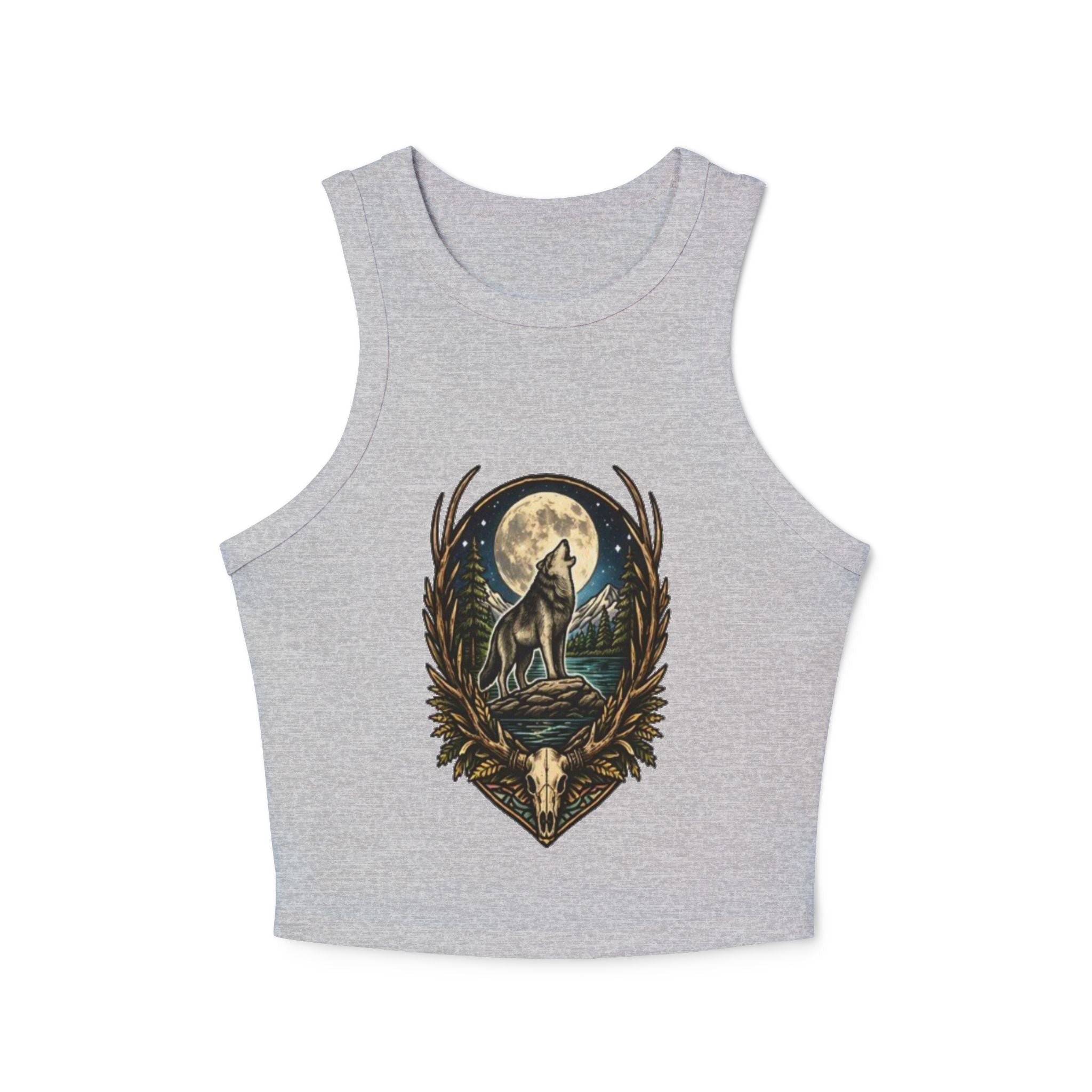 Wolf Howl Racer Tank Top | Moonlight Forest Graphic Crop Top
