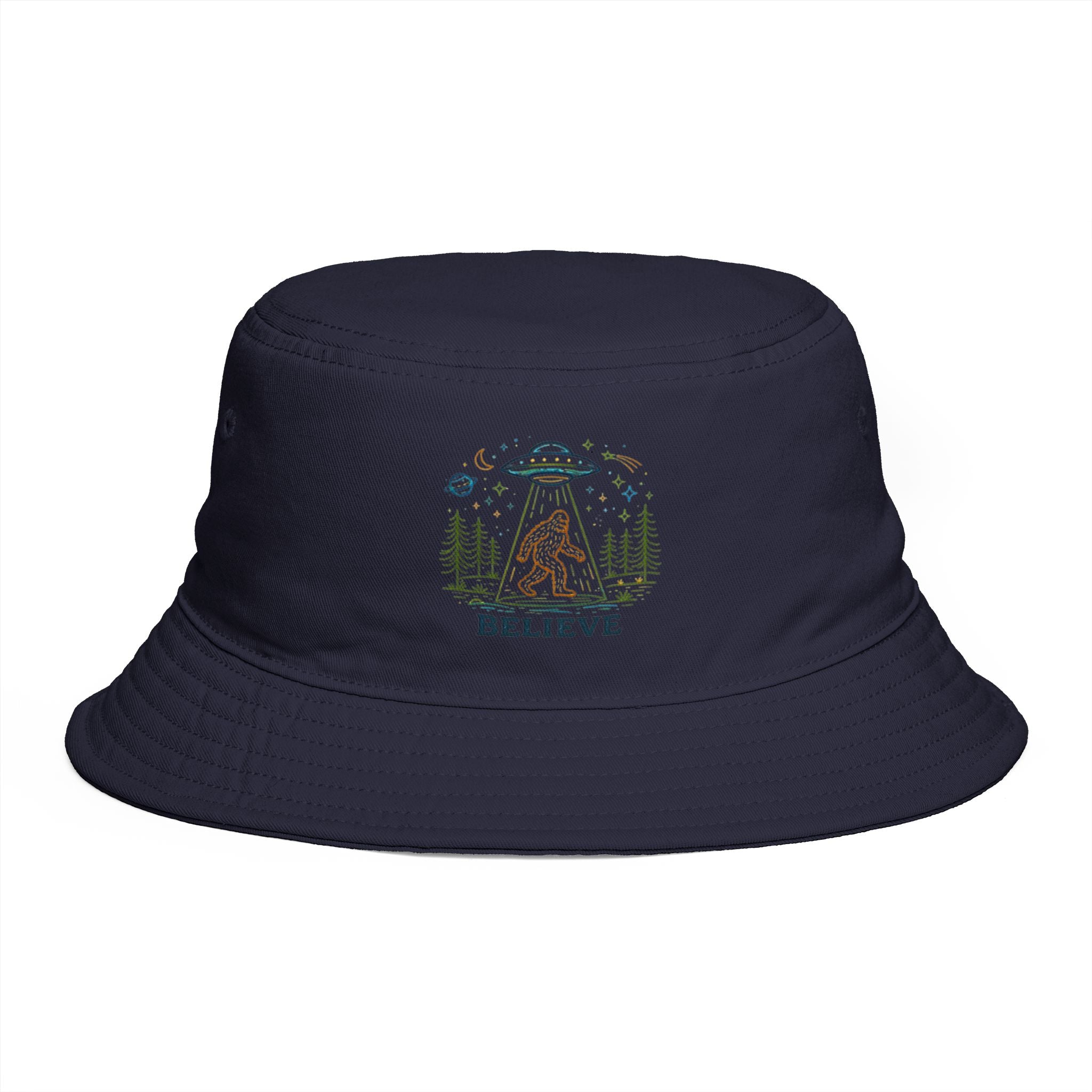 Bigfoot Night UFO Bucket Hat | Retro Forest Sasquatch Camping Design