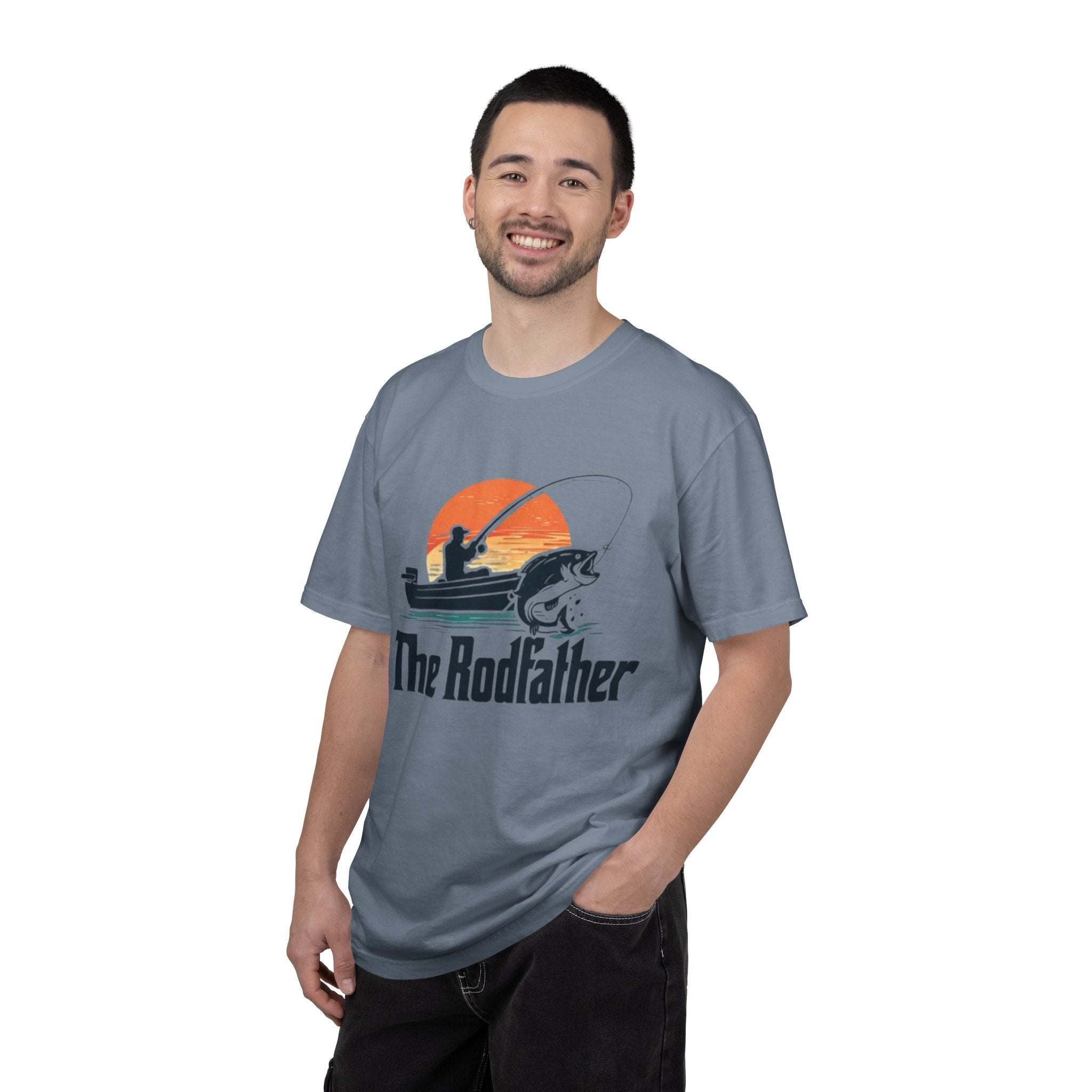 The Rodfather fishing silhouette T-Shirt | Bass boat sunset design