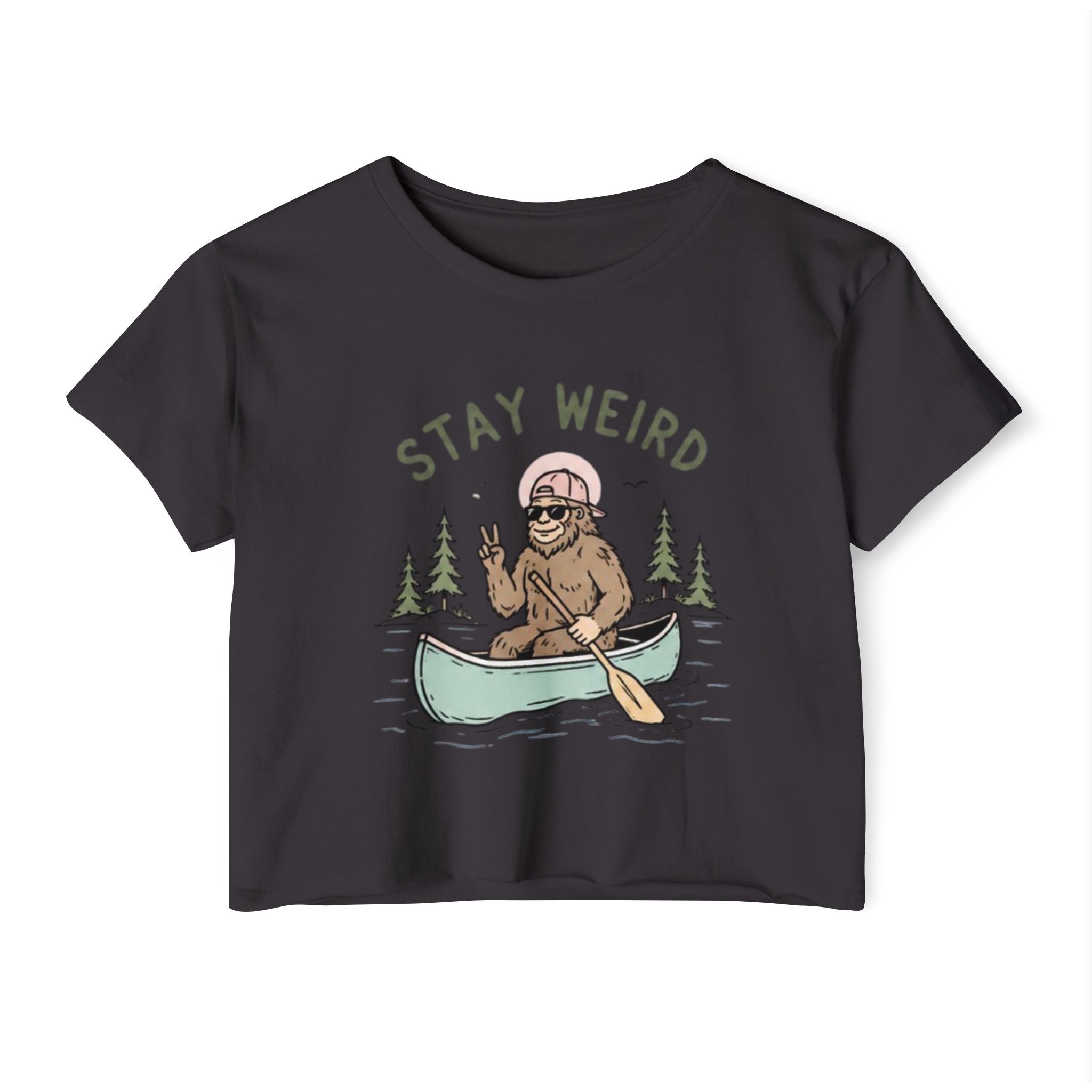 Stay Weird Crop Top | Cute Sasquatch Canoe Graphic Womens Festival Shirt