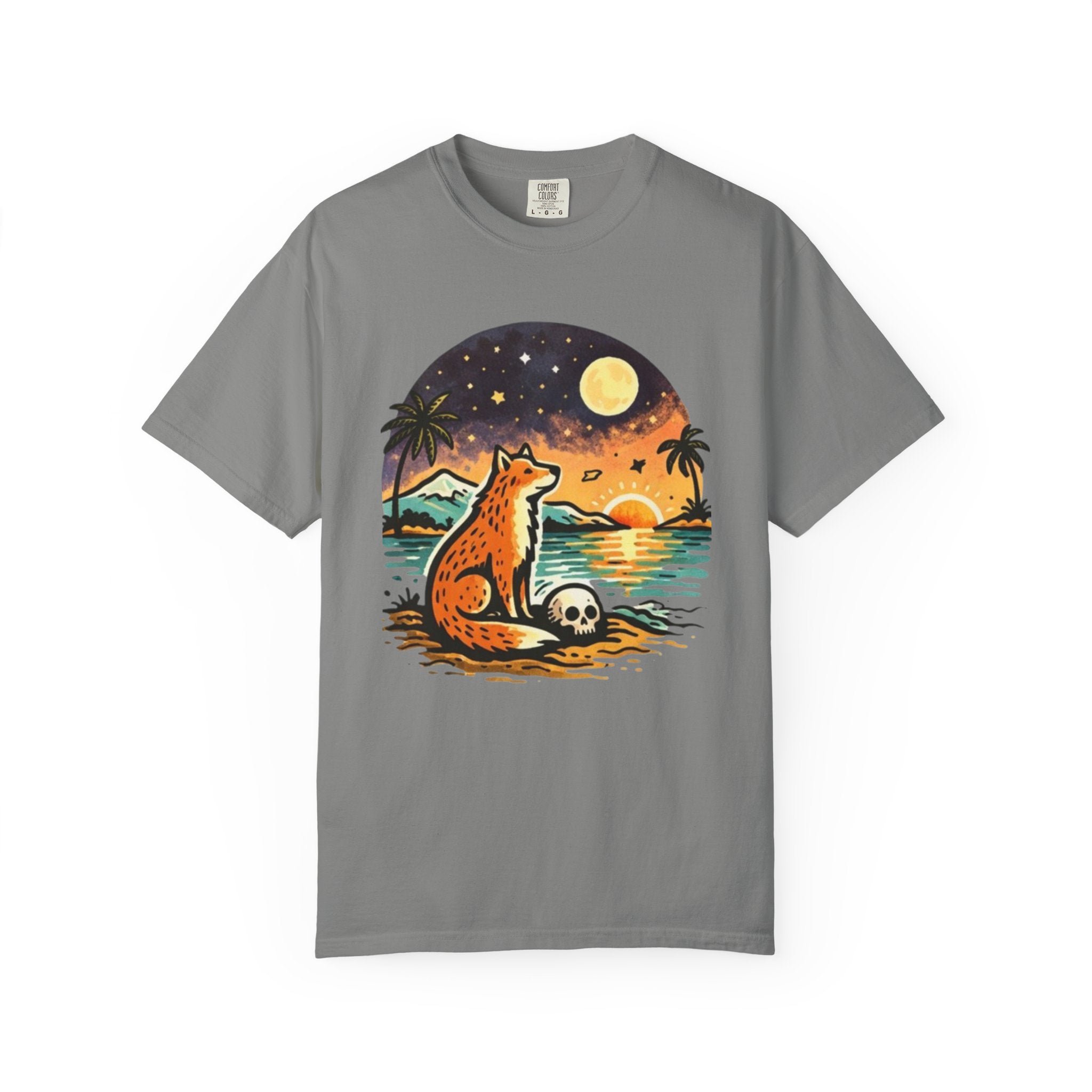 Fox Sunset T-Shirt - Beach Fox Graphic Tee with Skull, Moon & Palm Trees