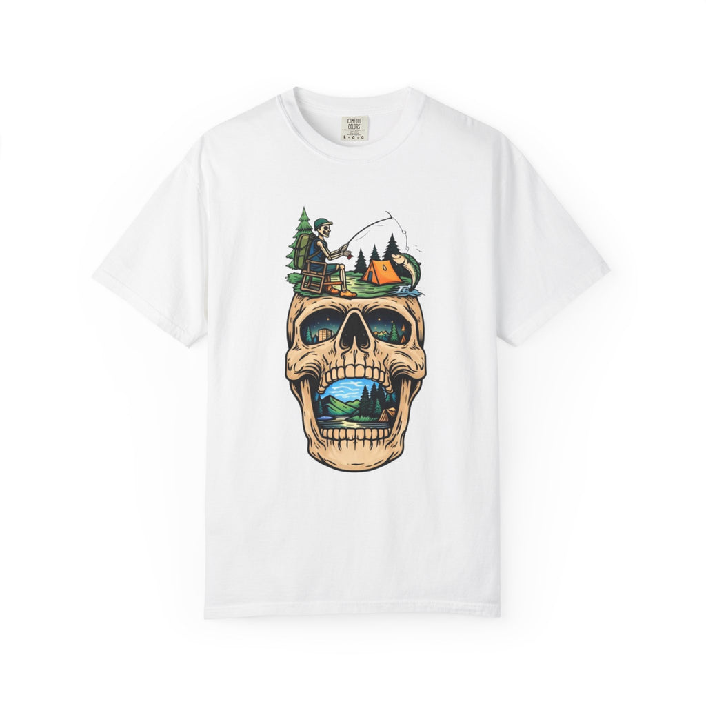 Skull Camping Scene T-shirt | Fishing Camper, Tent & Forest Graphic