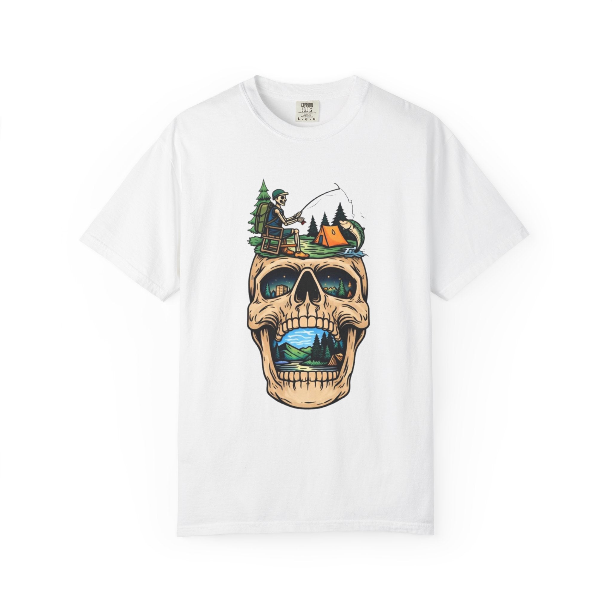 Skull Camping Scene T-shirt | Fishing Camper, Tent & Forest Graphic