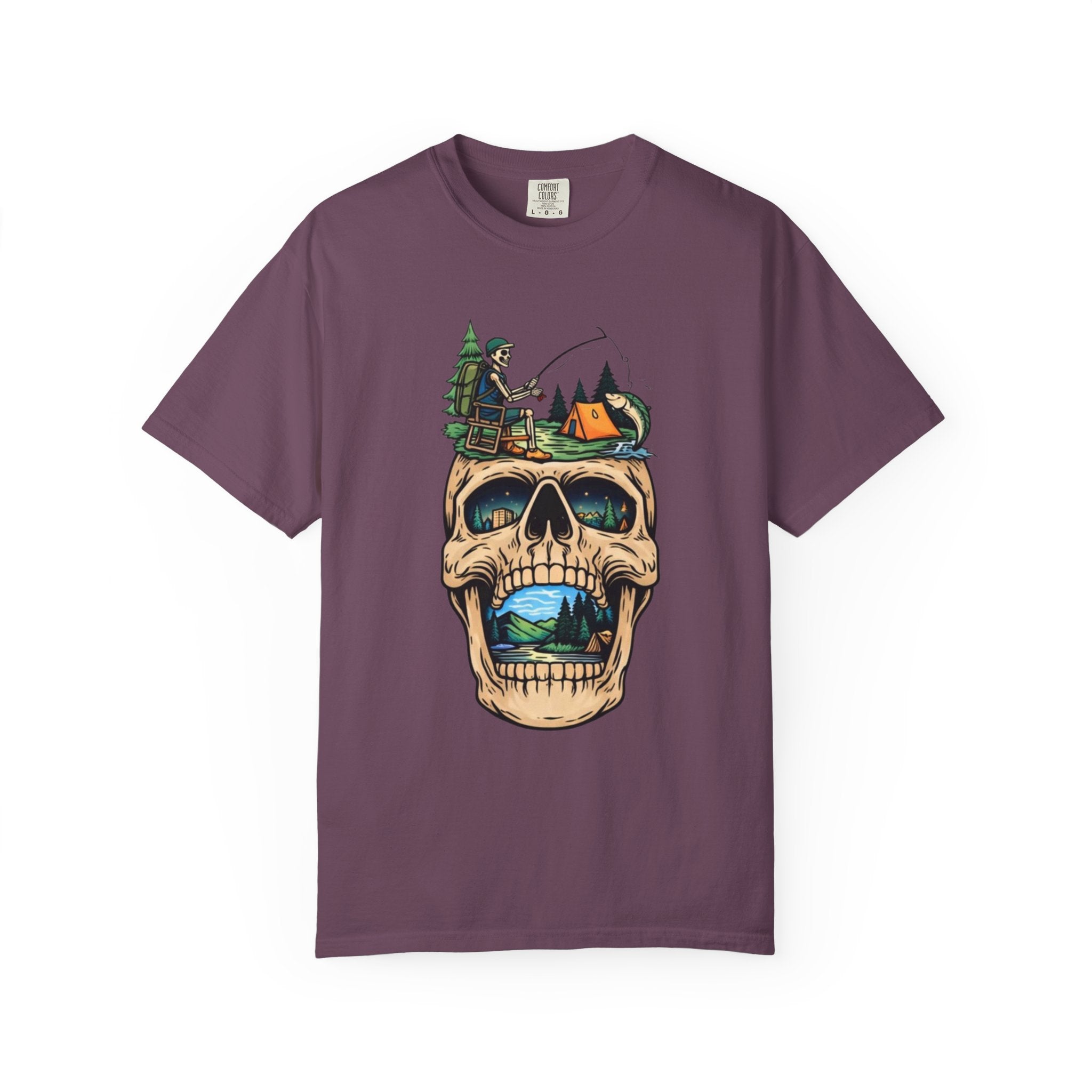 Skull Camping Scene T-shirt | Fishing Camper, Tent & Forest Graphic