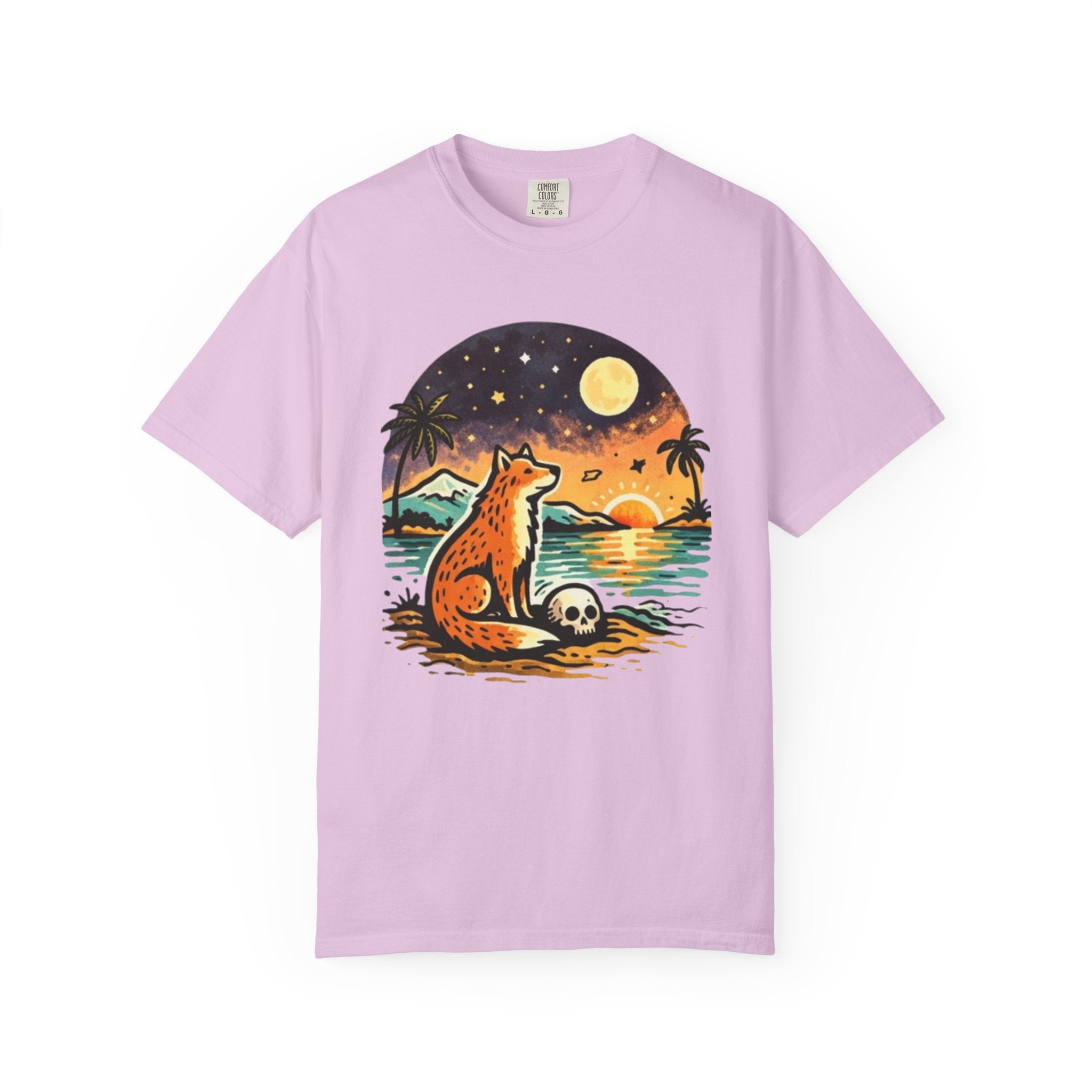 Fox Sunset T-Shirt - Beach Fox Graphic Tee with Skull, Moon & Palm Trees