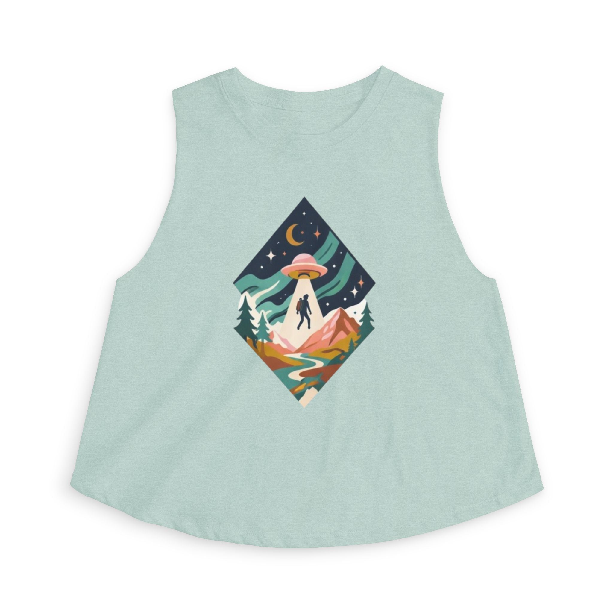 Alien Abduction Hiker Graphic Crop Top | Retro Mountain UFO Tank