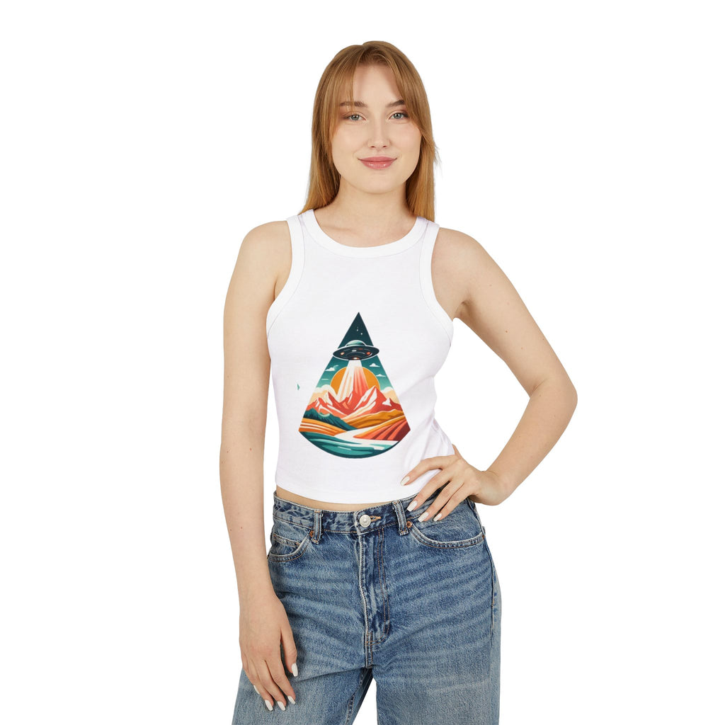 Ribbed Racer Tank Top | Retro UFO Mountain Graphic