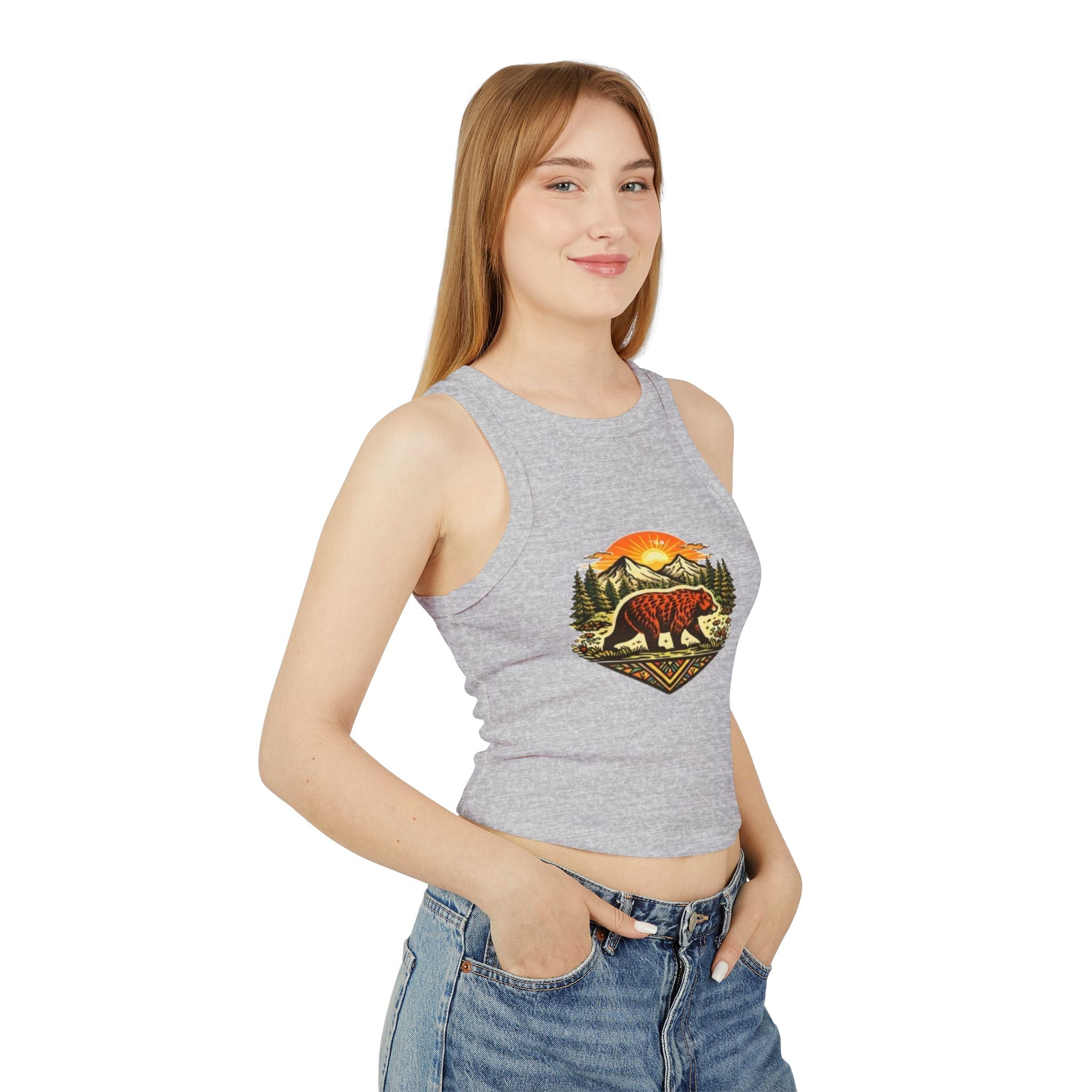 Bear Sunrise Racer Tank Top | Womens Graphic Nature Crop Tank