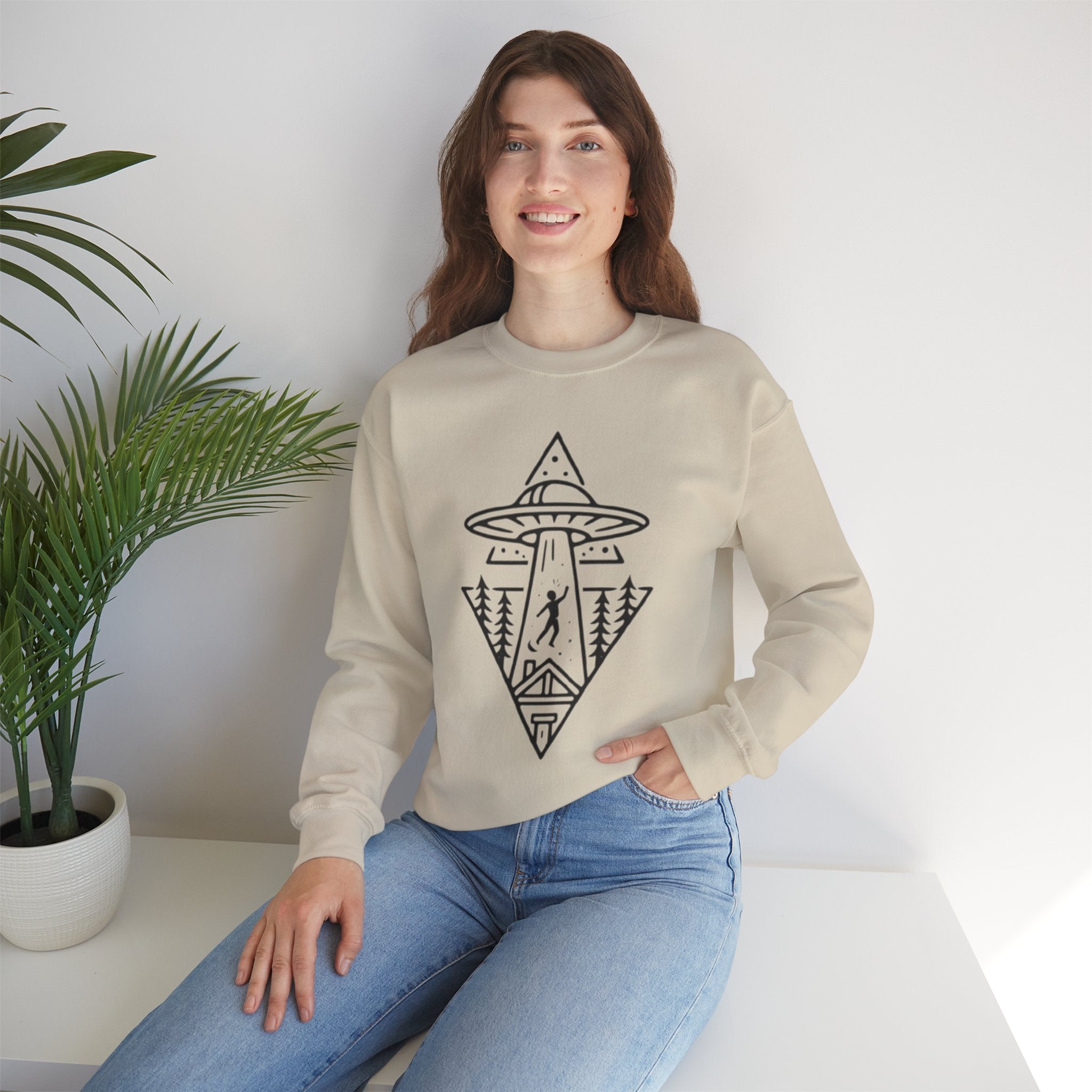 Alien Abduction Crewneck Sweatshirt | Geometric UFO Forest Design