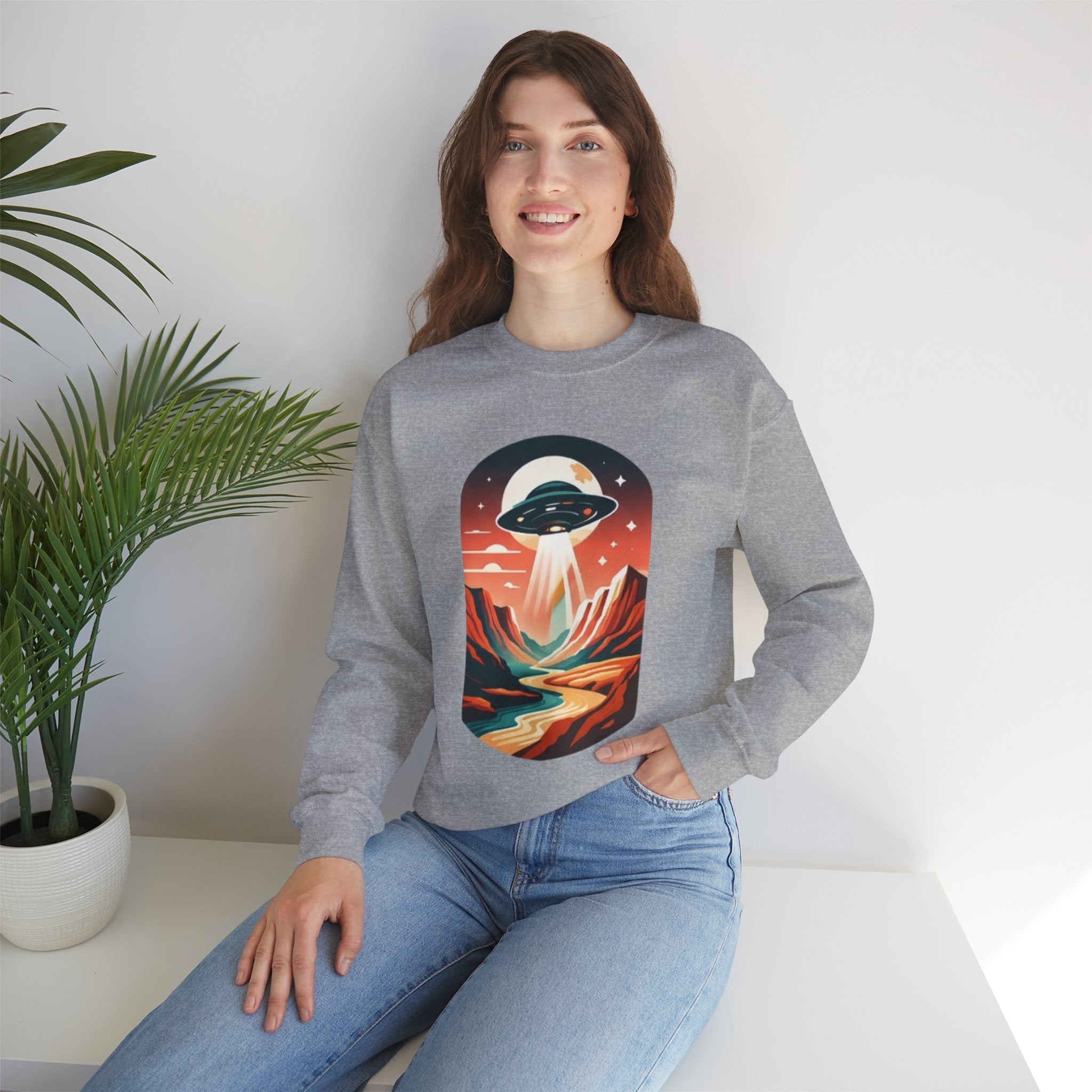 UFO Adventure Crewneck Sweatshirt | Retro Alien Abduction Mountain Graphic