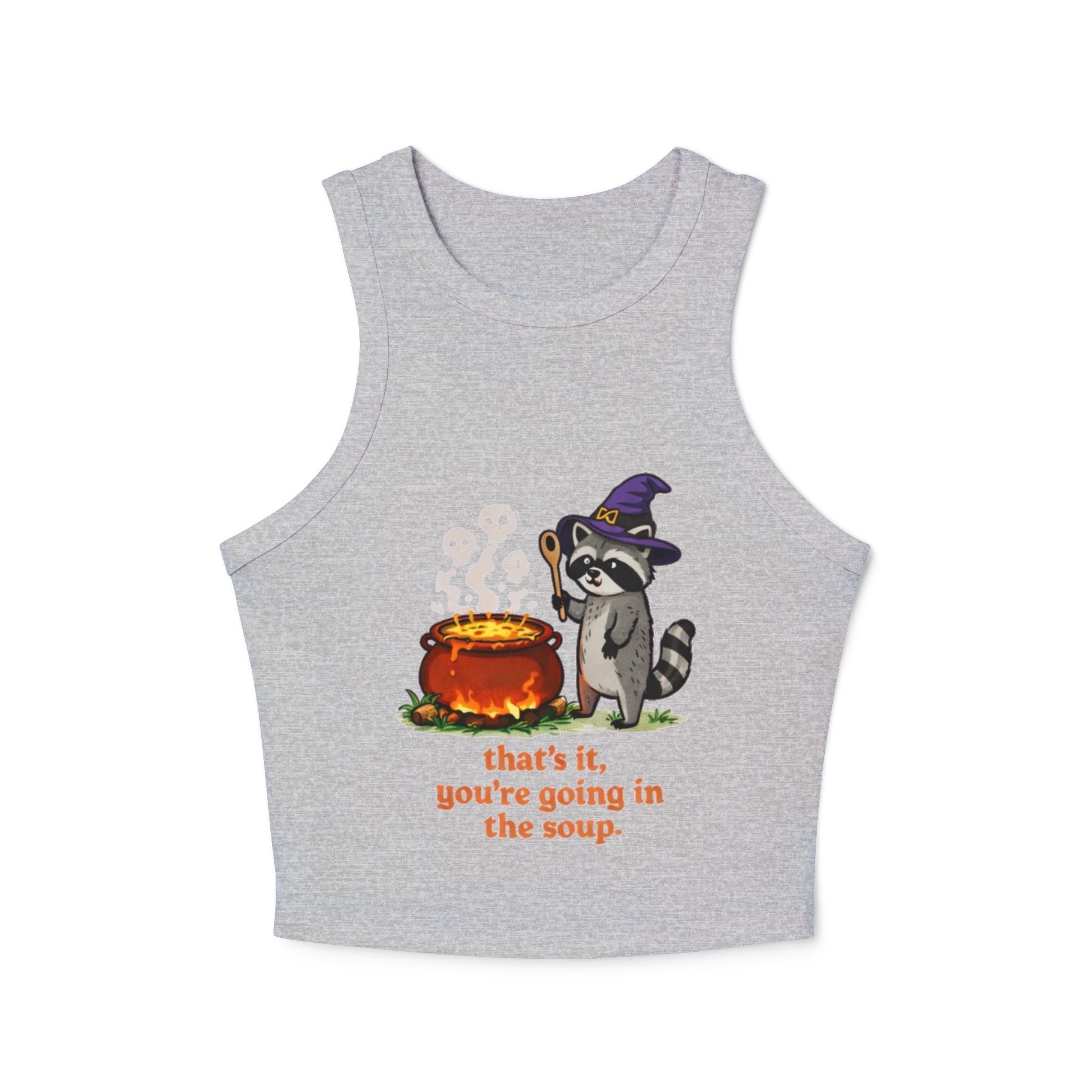 Witchy Raccoon Tank Top | "Thats it, youre going in the soup" Cute Halloween Crop