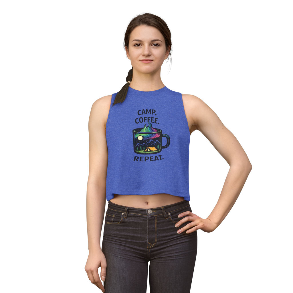 Camping Coffee Crop Tank | "Camp. Coffee. Repeat" Graphic Women's Top