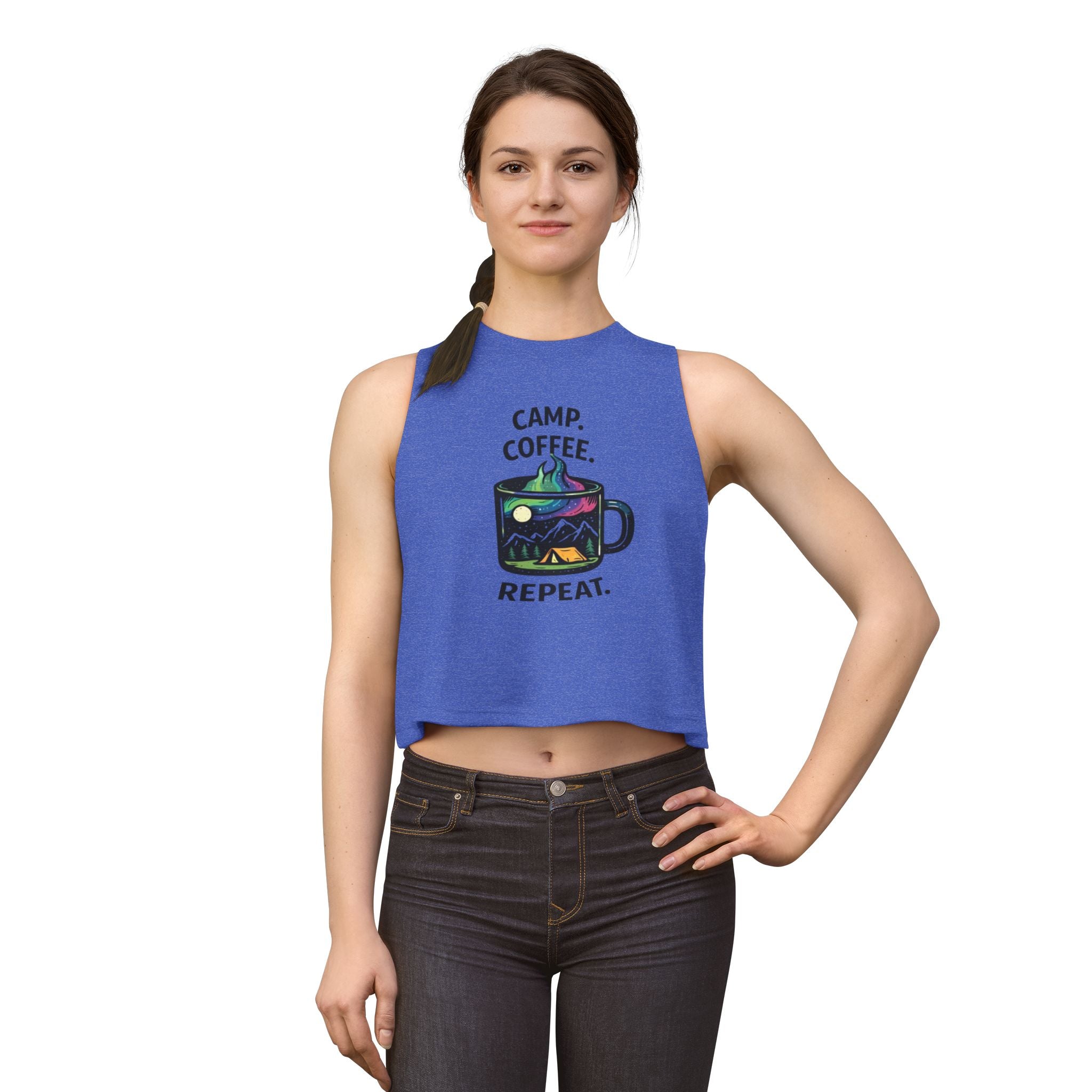 Camping Coffee Crop Tank | "Camp. Coffee. Repeat" Graphic Women's Top