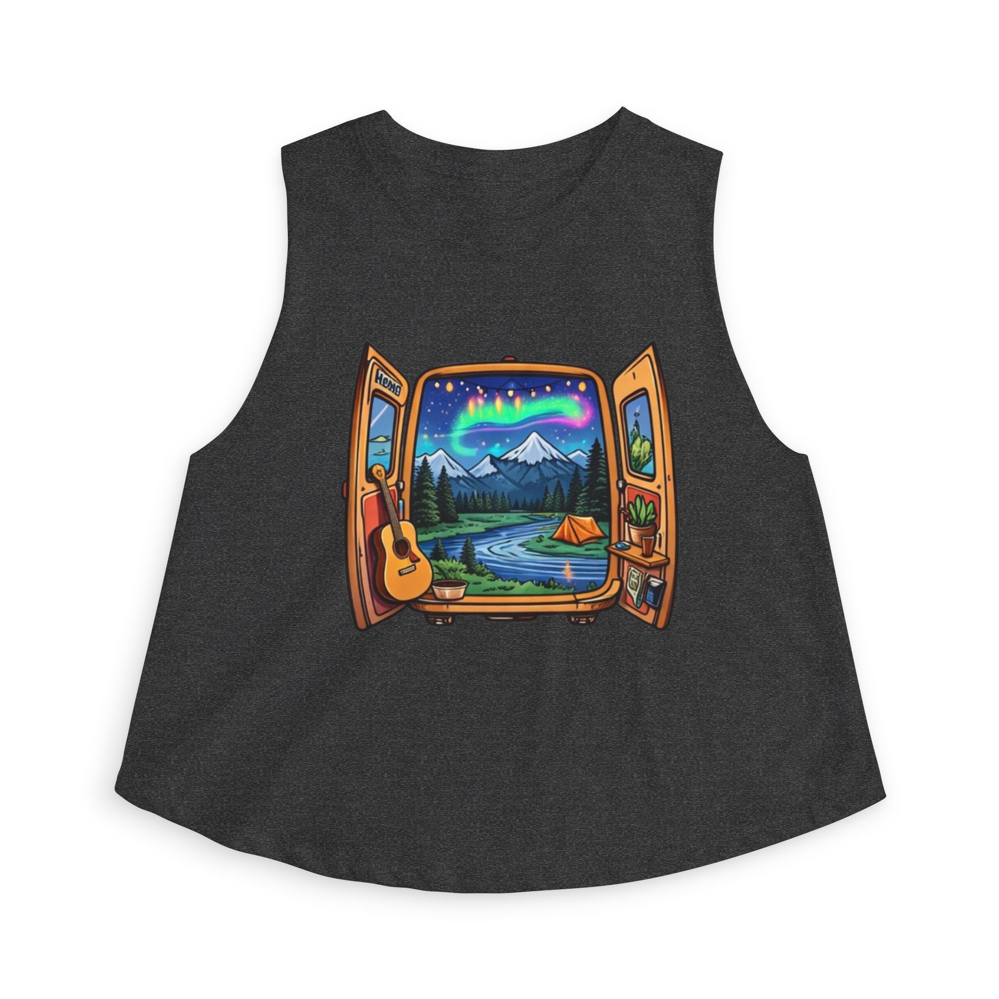 Adventure Window Crop Top | Mountain Camping, Aurora & Guitar Graphic