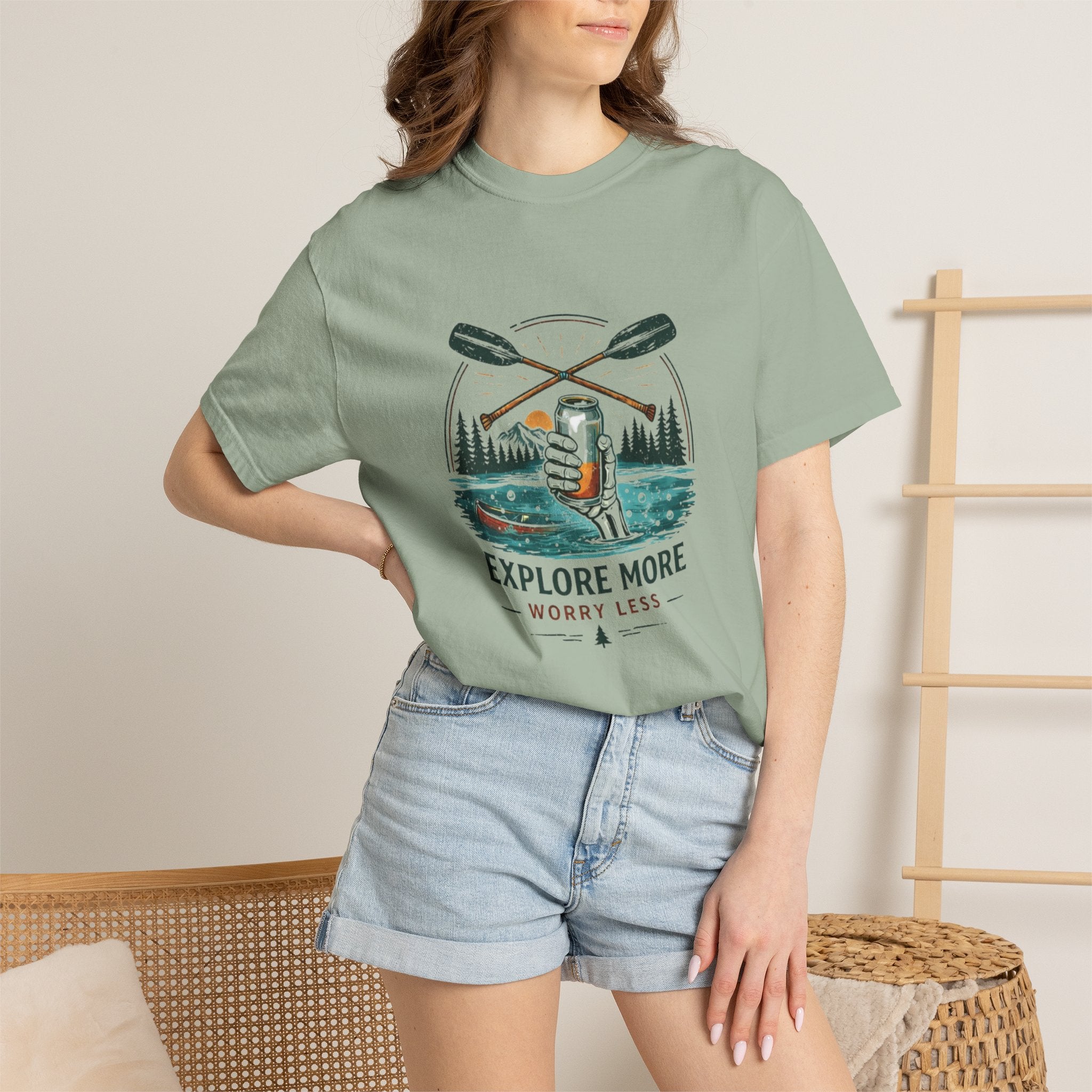 Explore More Worry Less T-Shirt | Outdoor Canoe Camping Adventure Tee