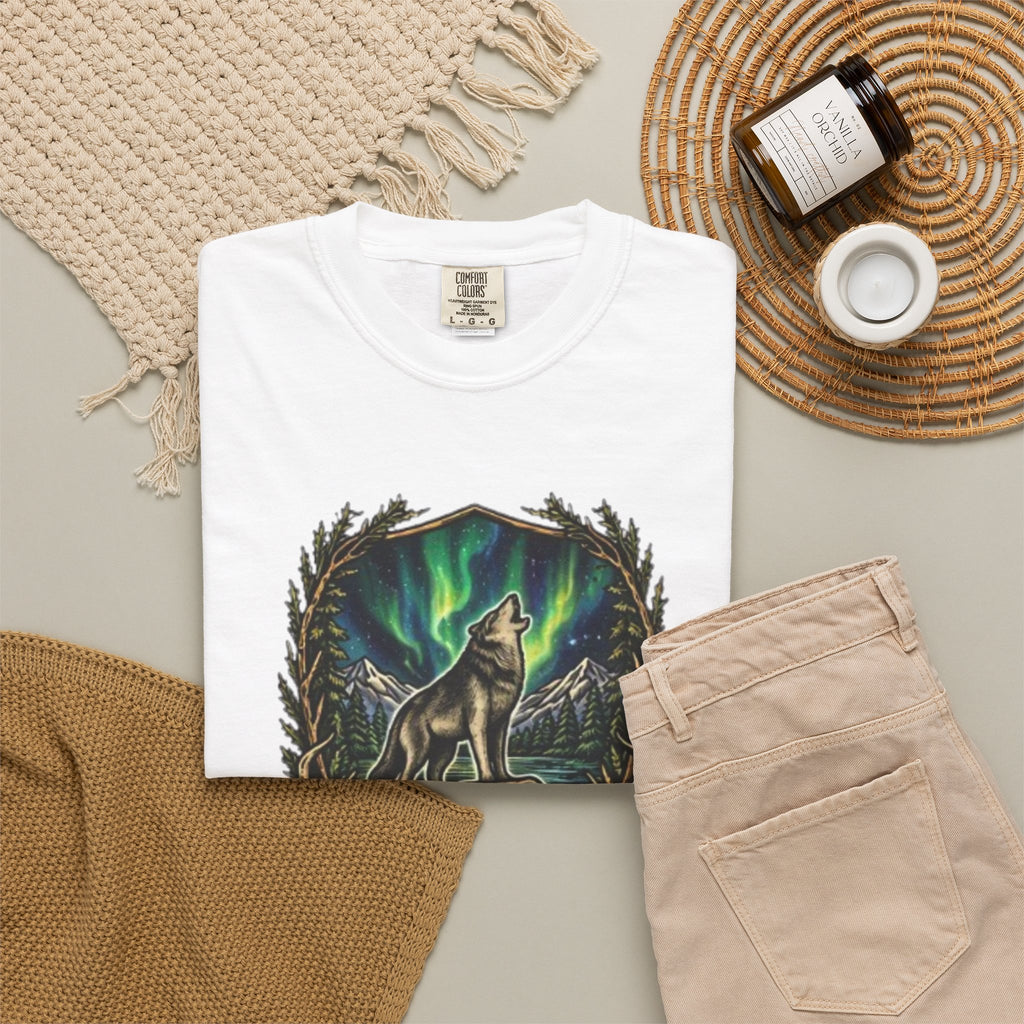 Deer Skull and Wolf Howling T-Shirt | Northern Lights Nature Graphic Tee