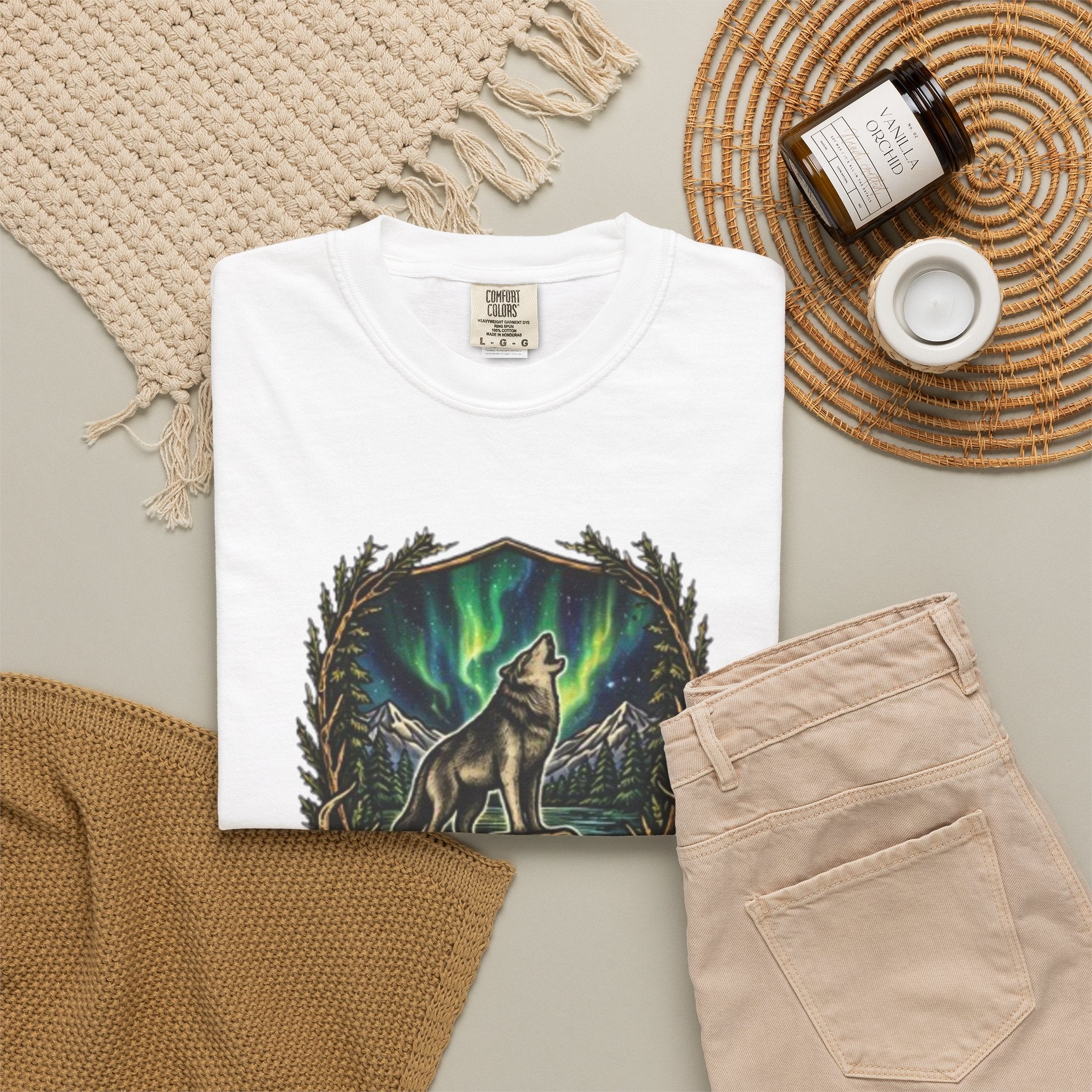Deer Skull and Wolf Howling T-Shirt | Northern Lights Nature Graphic Tee