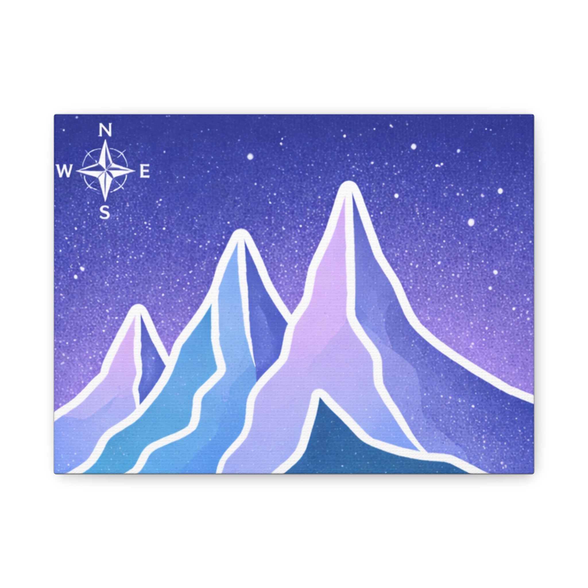 Mountain Night Canvas Art | Purple Blue Peaks with Compass Wall Decor