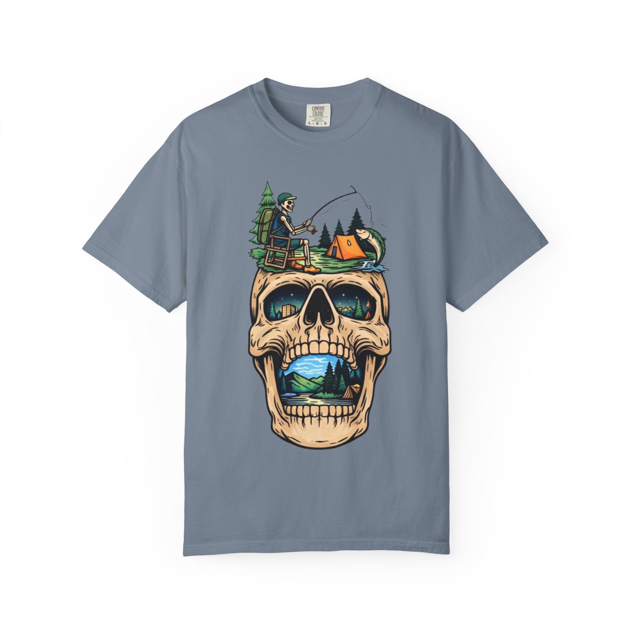 Skull Camping Scene T-shirt | Fishing, Tent, Forest Outdoor Graphic