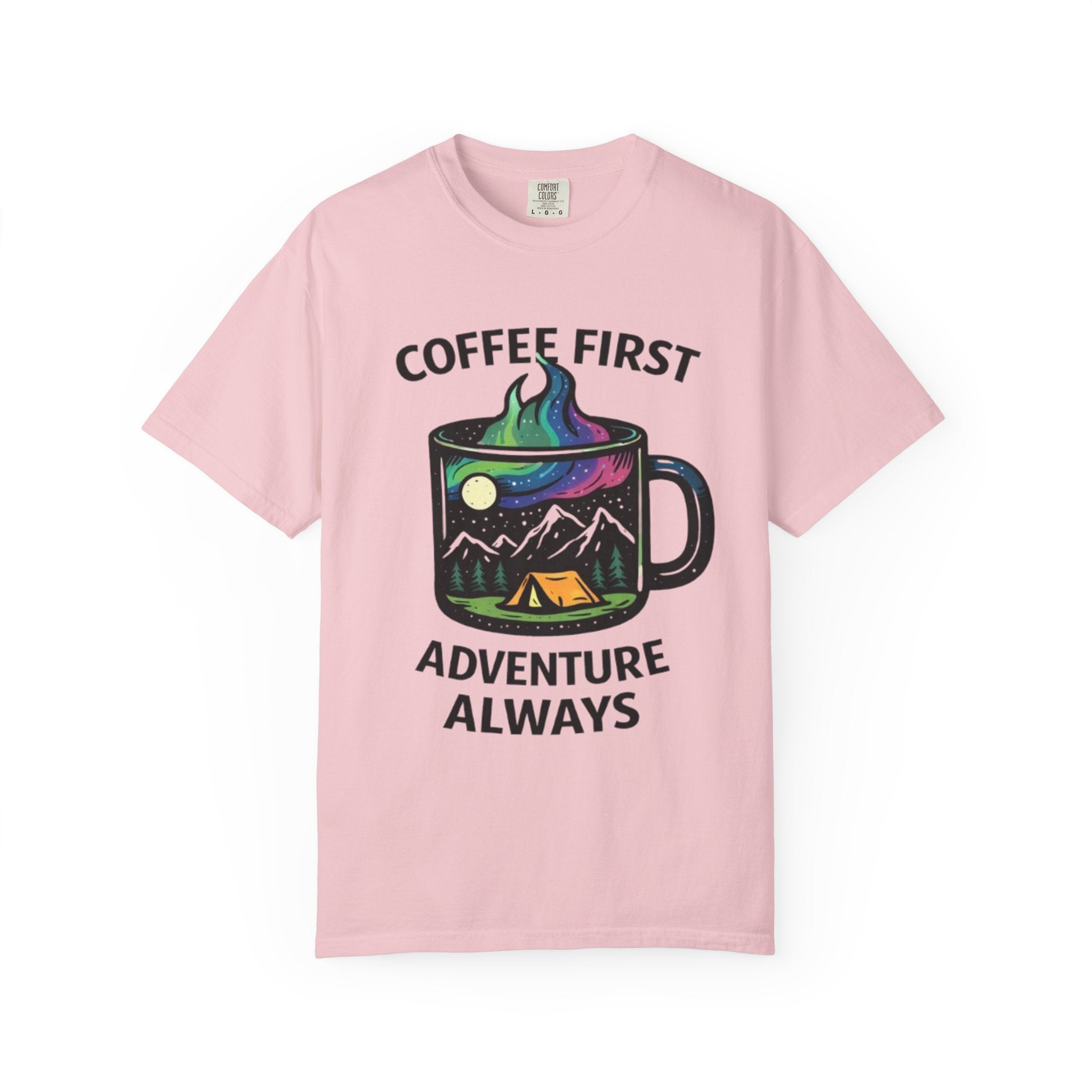 Coffee First Adventure Always T-Shirt | Camping Mug Mountain Design