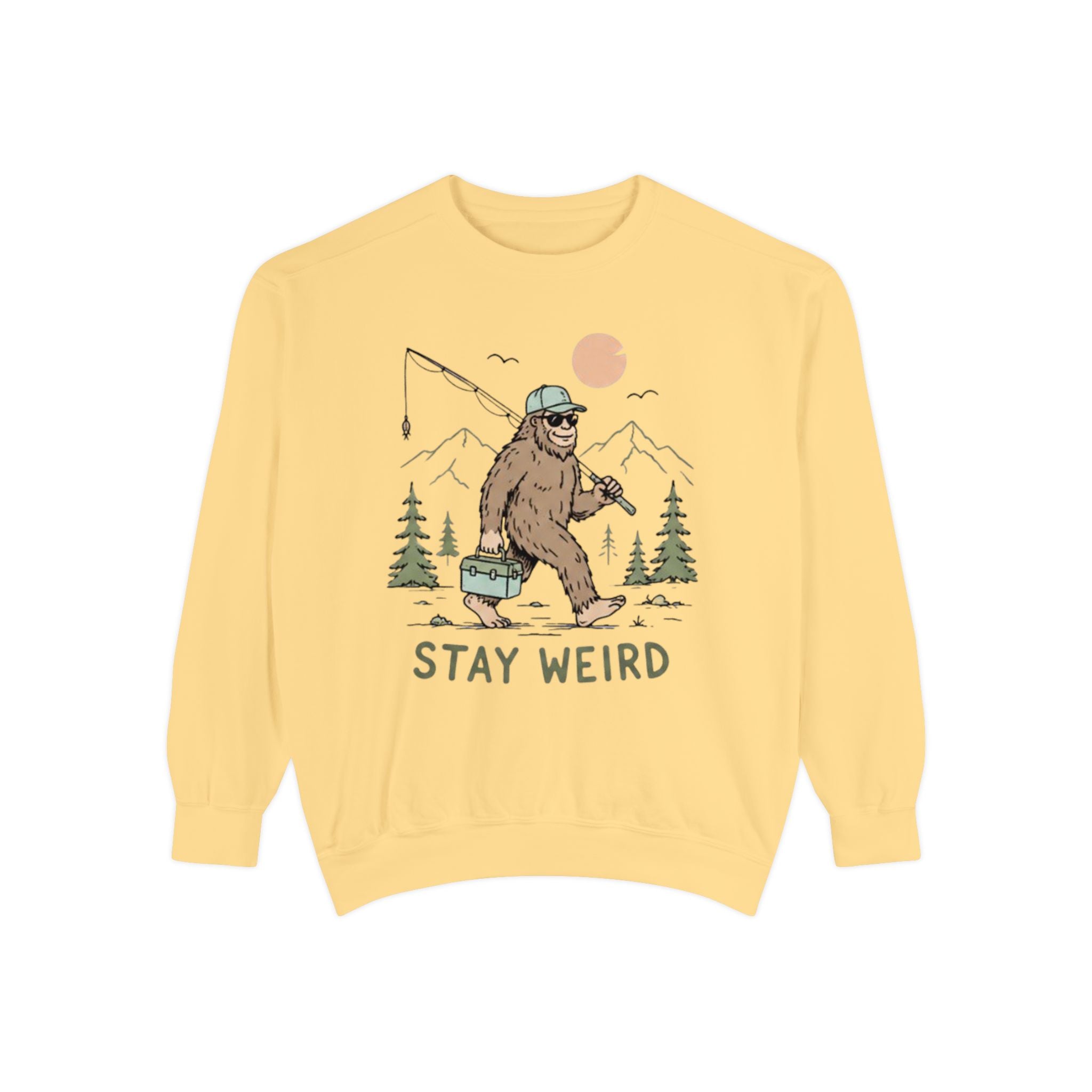 Stay Weird Sweatshirt | Fishing Sasquatch Graphic Crewneck