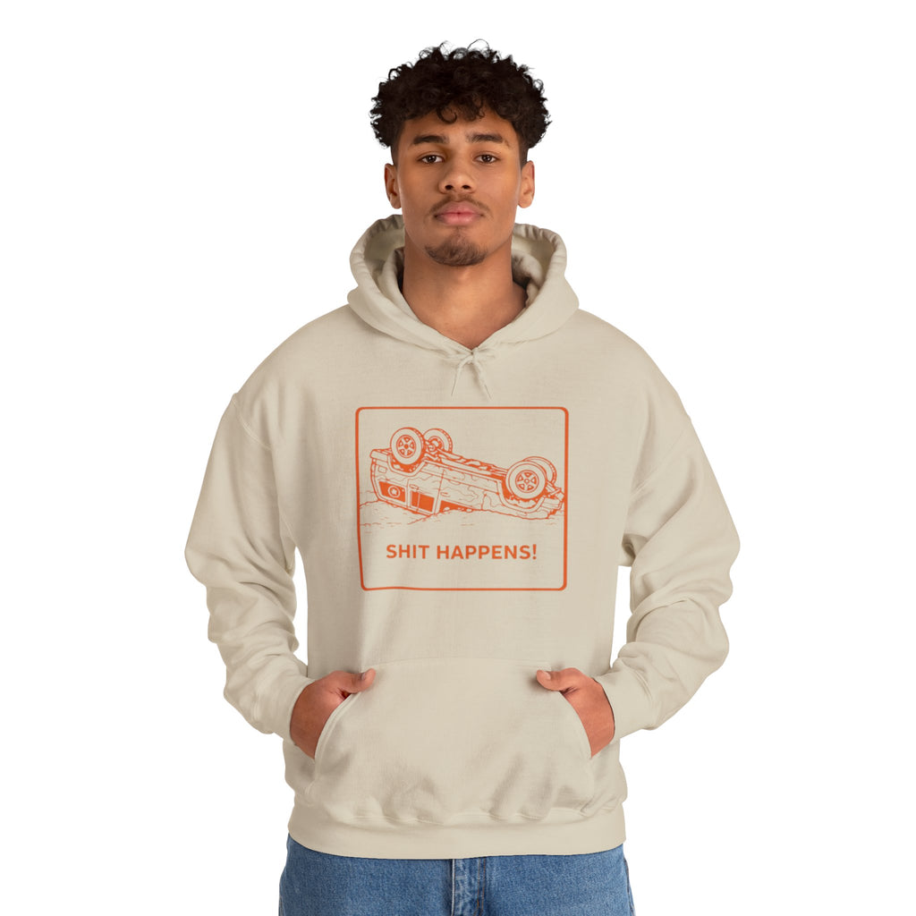 Hoodie | "Shit Happens" Upside-Down Car Graphic Comfort Hoodie
