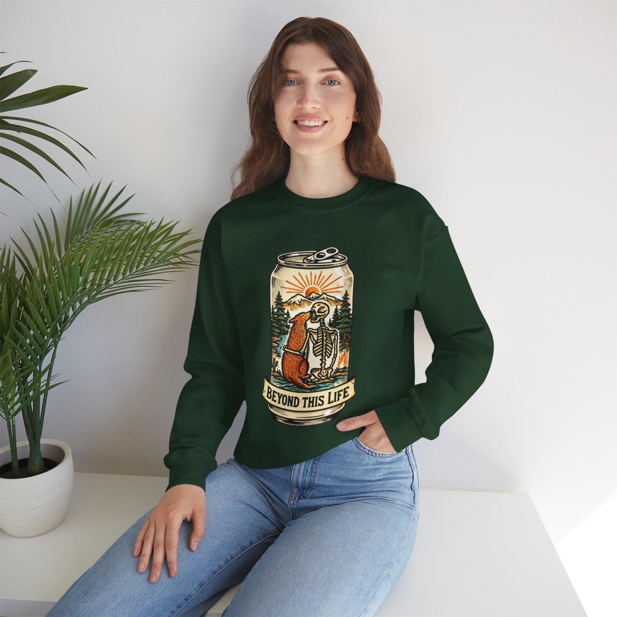Crewneck Sweatshirt | Beyond This Life Bear & Skeleton Can Graphic