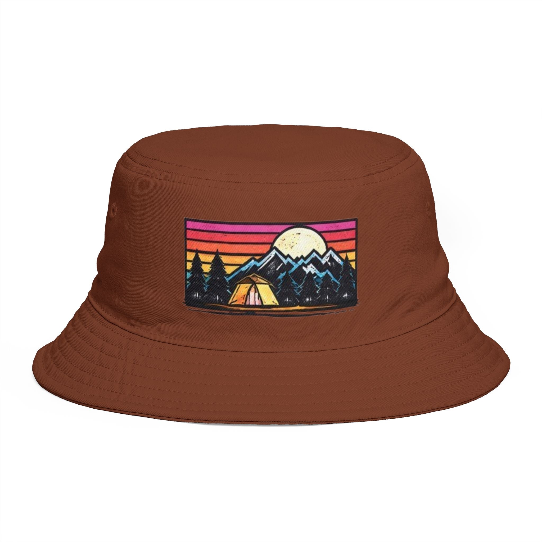 Retro Mountain Camping Bucket Hat | Sunset Tent Patch Outdoor Travel Cap