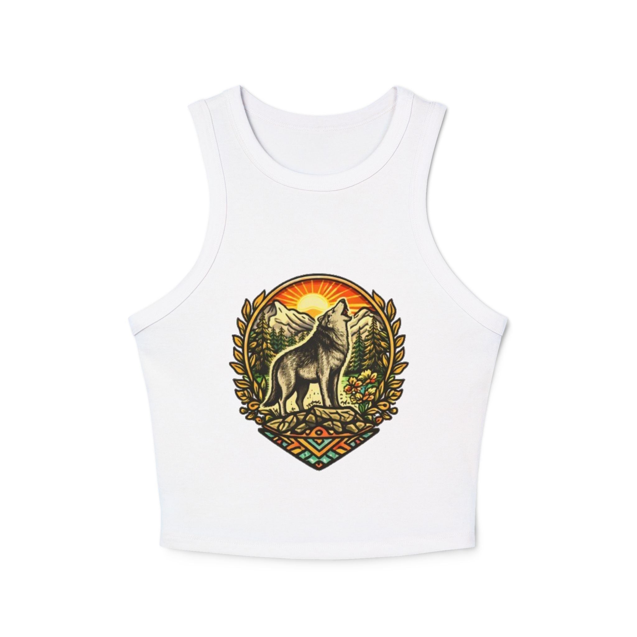 Wolf Sunrise Racer Tank Top | Vintage Nature Graphic Crop